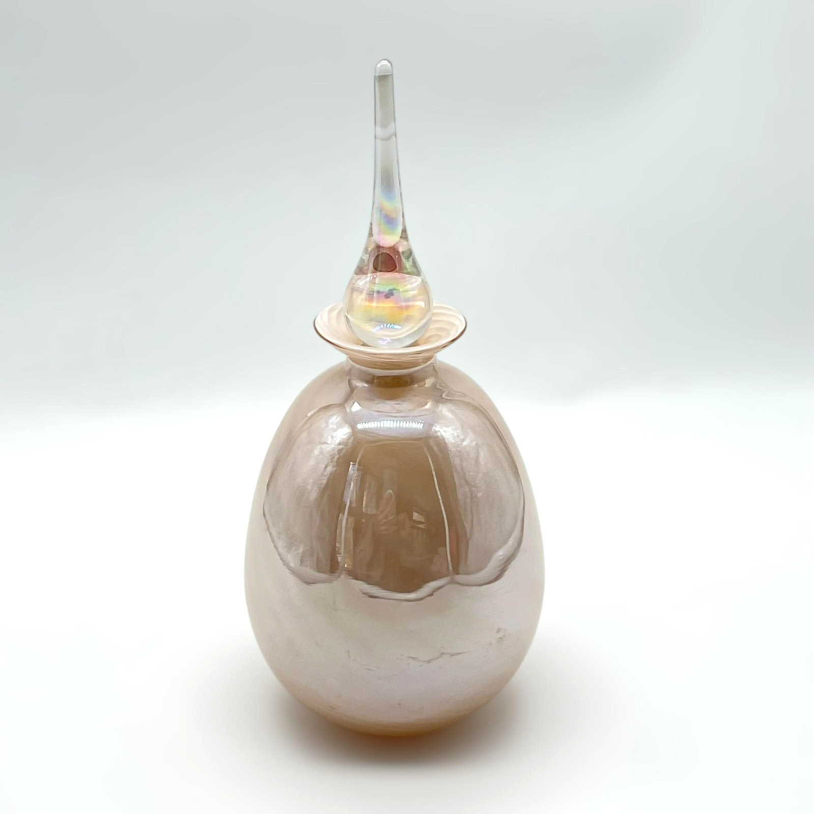Vintage Opalescent Art Glass Perfume Bottle Pink Peach Iridescent With Stopper