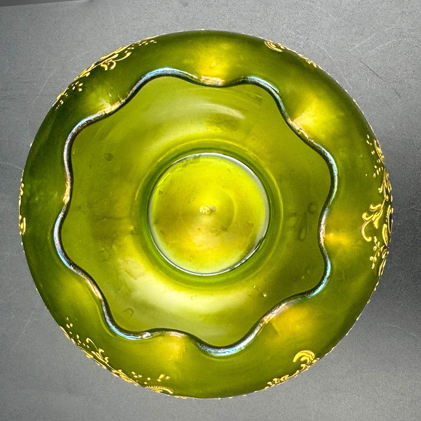 Antique Bohemian Moser Style Green Iridescent Art Glass Rose Bowl Gold Enamel