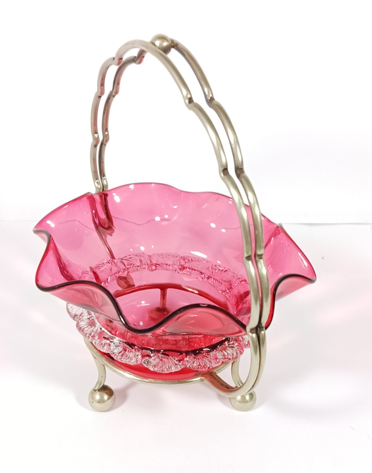 ANTIQUE PRIMITIVE CRANBERRY GLASS SUGAR BOWL SILVERPLATE BASKET HOLDER