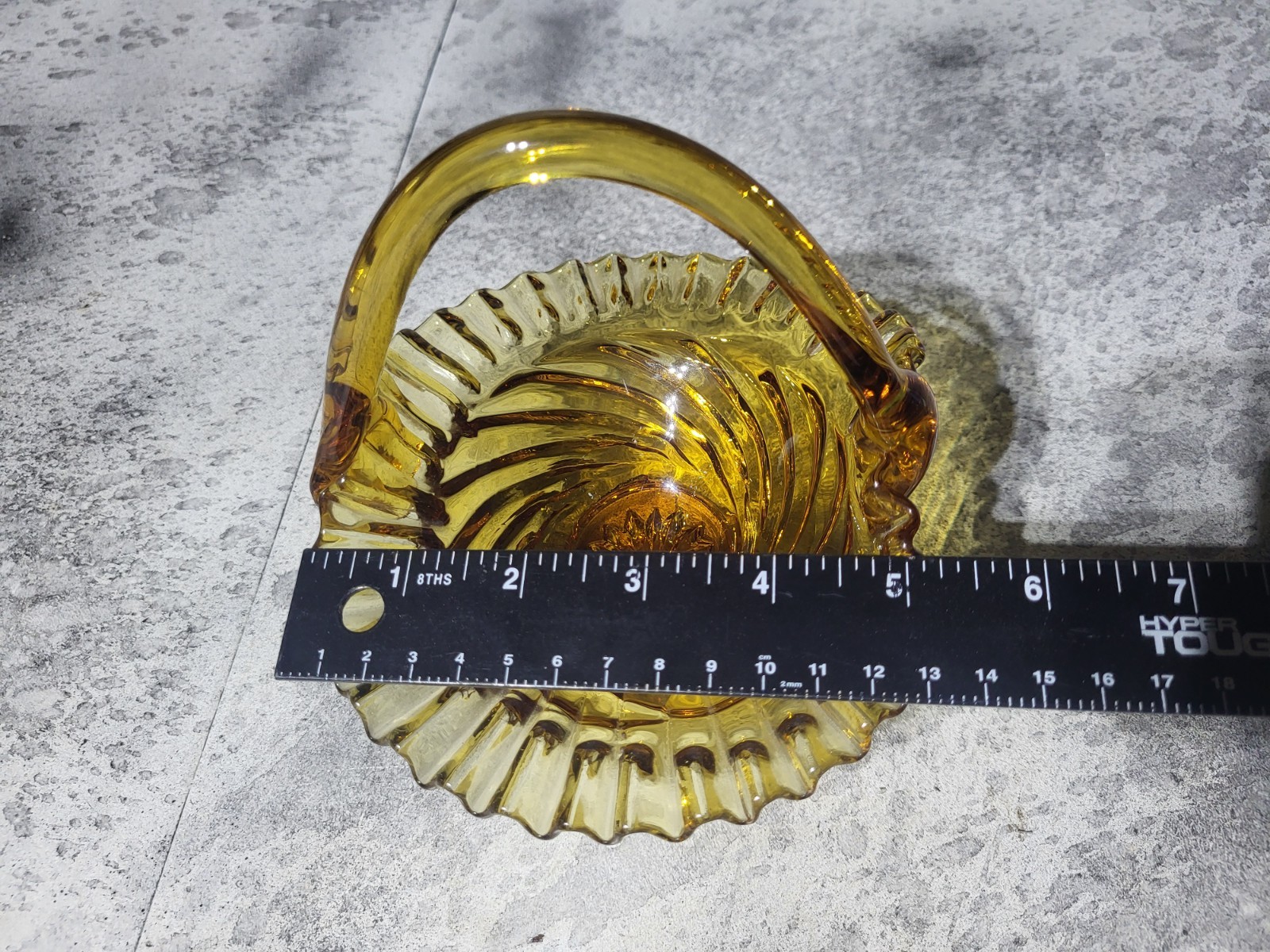VTG Fenton Amber Pressed Art Glass Basket Ruffled Edges Handle 6″ Candy Trinket