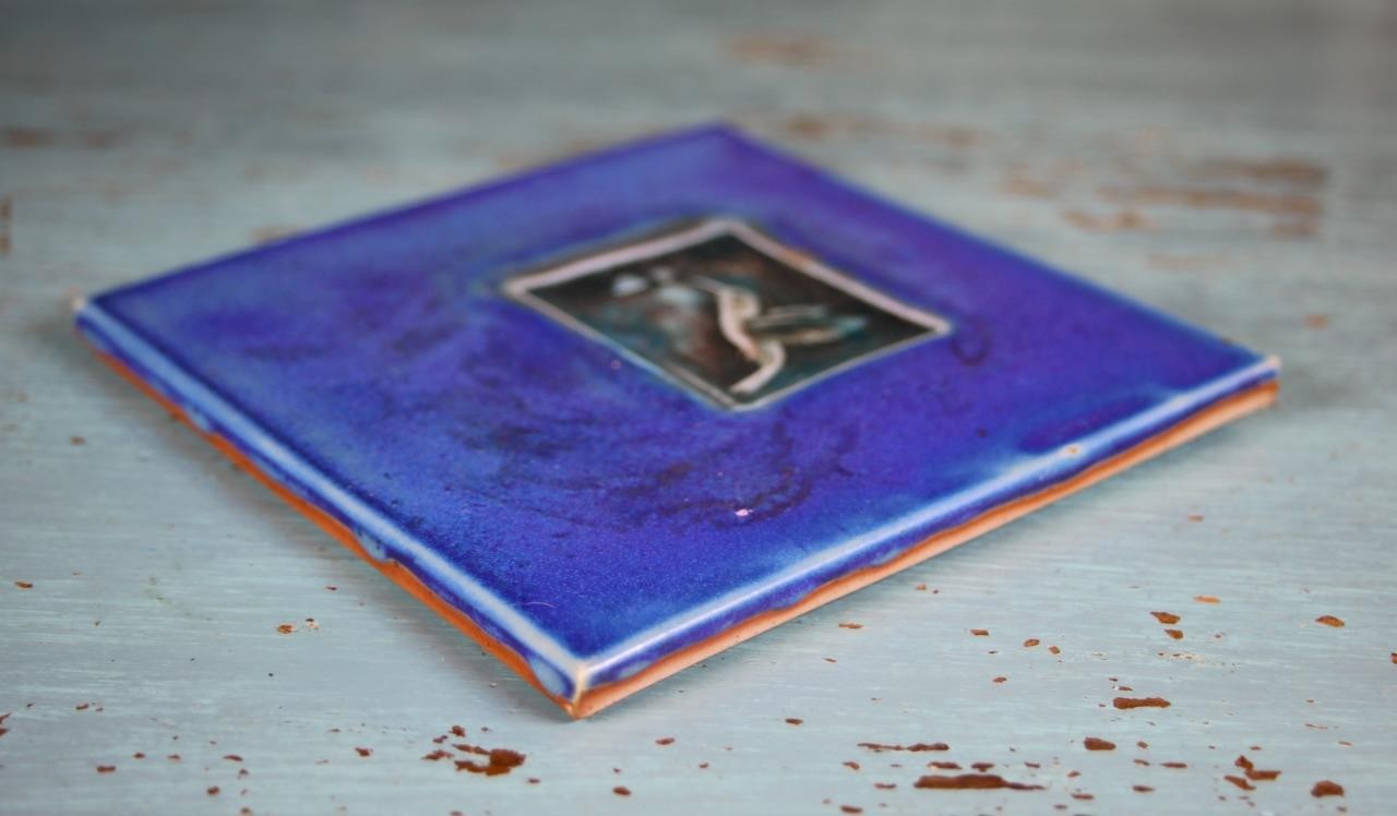 Vintage 2003 Michael Cohen Art Pottery Tile Trivet Cobalt Blue Hummingbird Bird