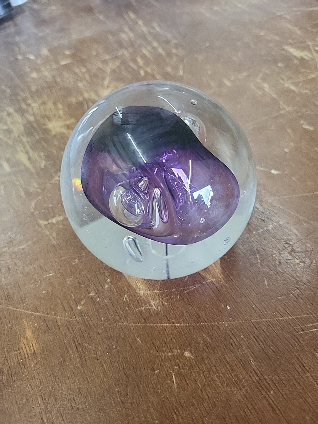 Rollin KARG Hand Blown Purple Art Glass Paperweight Signed Air Bubbles 2-7/8 Dia