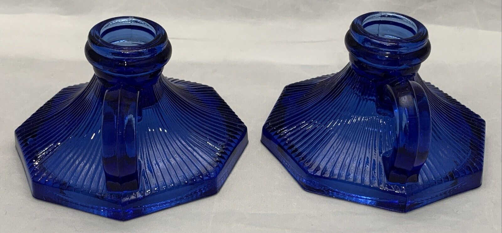 L. E. Smith Glass Company Sapphire Blue Candlestick Candle Stick Holder Pair Set