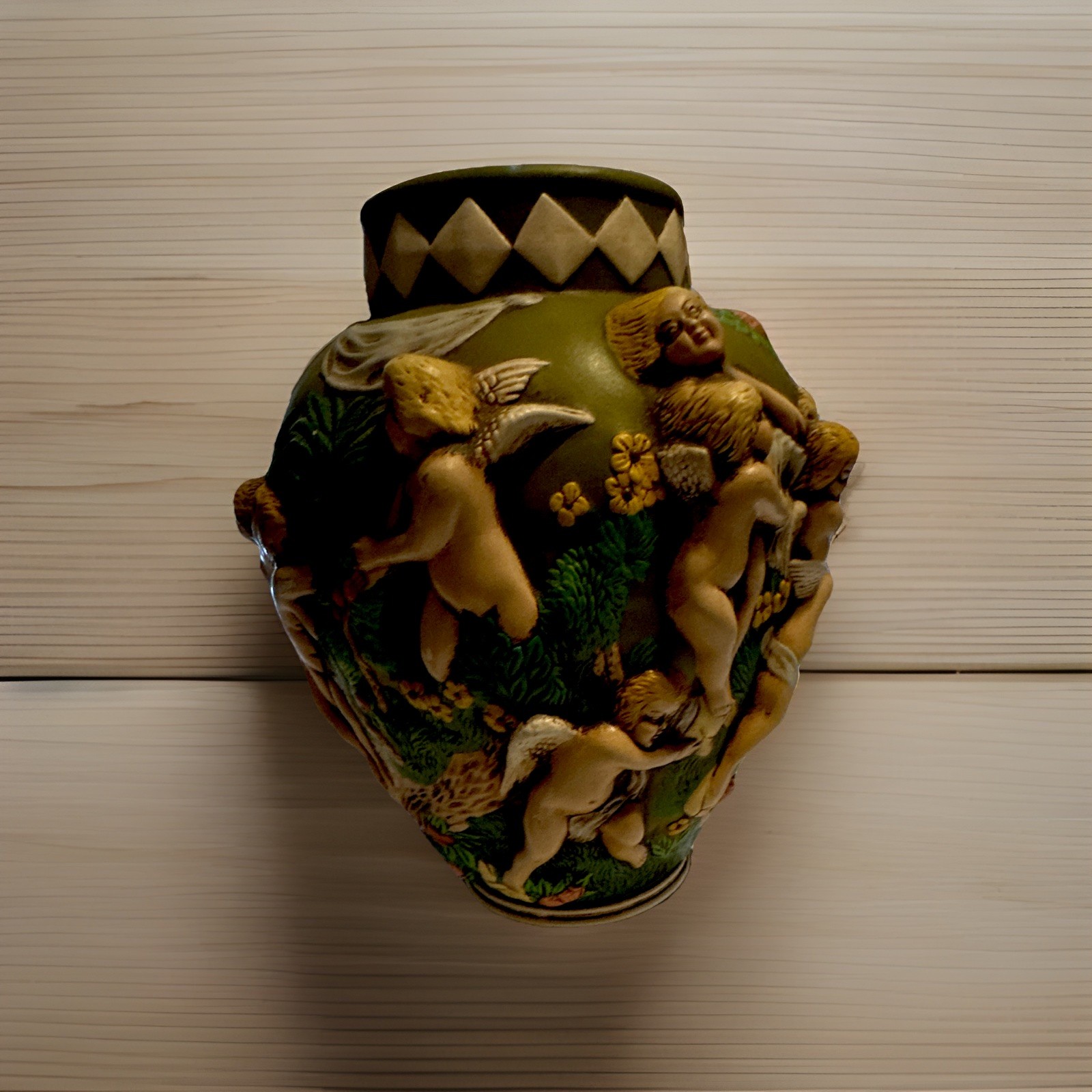 French style Jardiniere Hand Painted Ceramic Cherub Relief Vase 1968