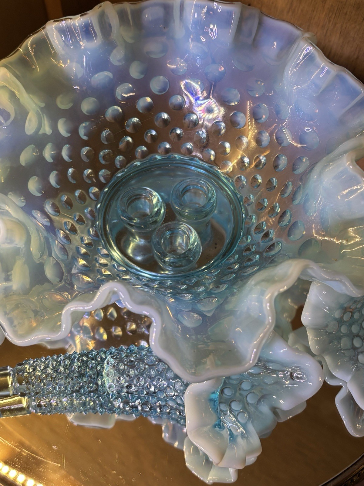 Vintage Fenton Art Glass Blue Opalescent Hobnail 3 Horn Epergne