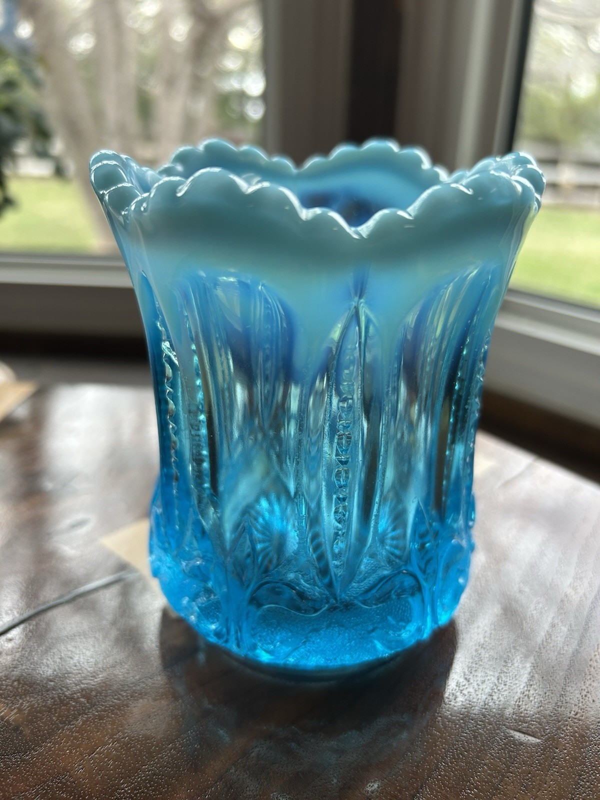 Vintage Jefferson Glass Co. Blue Opalescent Iris Vase