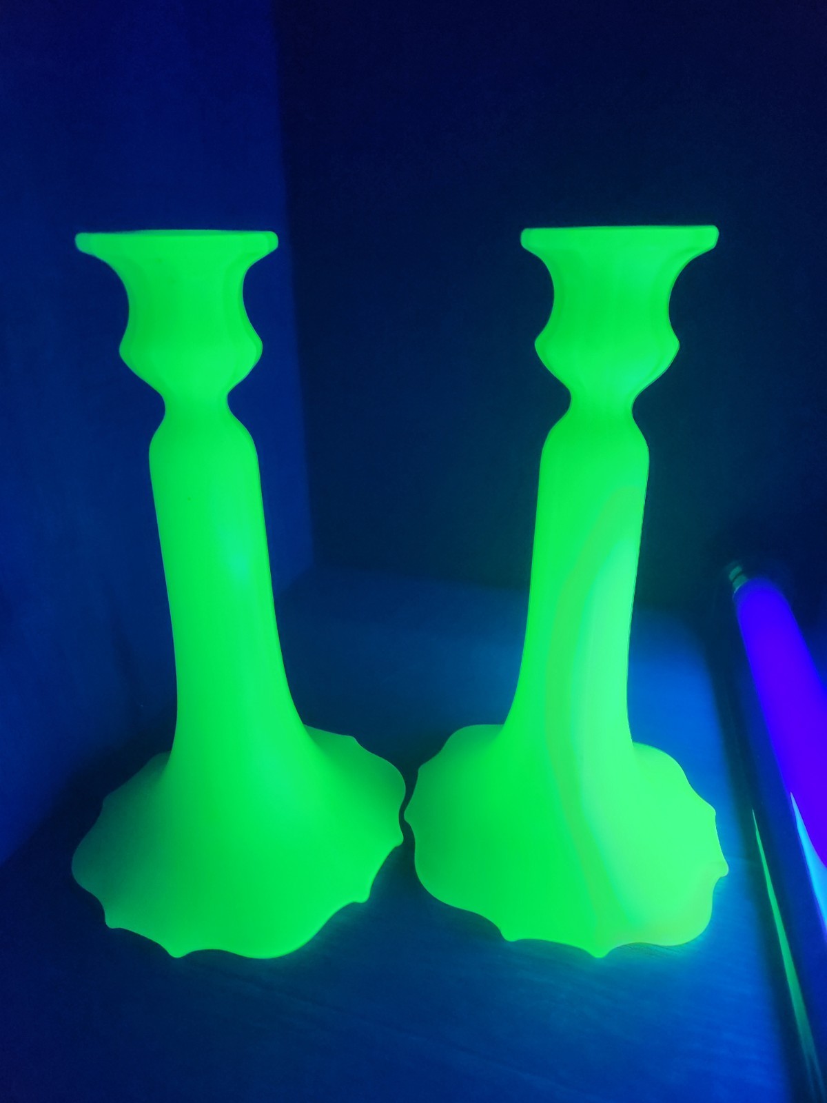 U.S. Glass Mandarin Yellow Uranium Glass 9″ Candlestick Holders – Pair