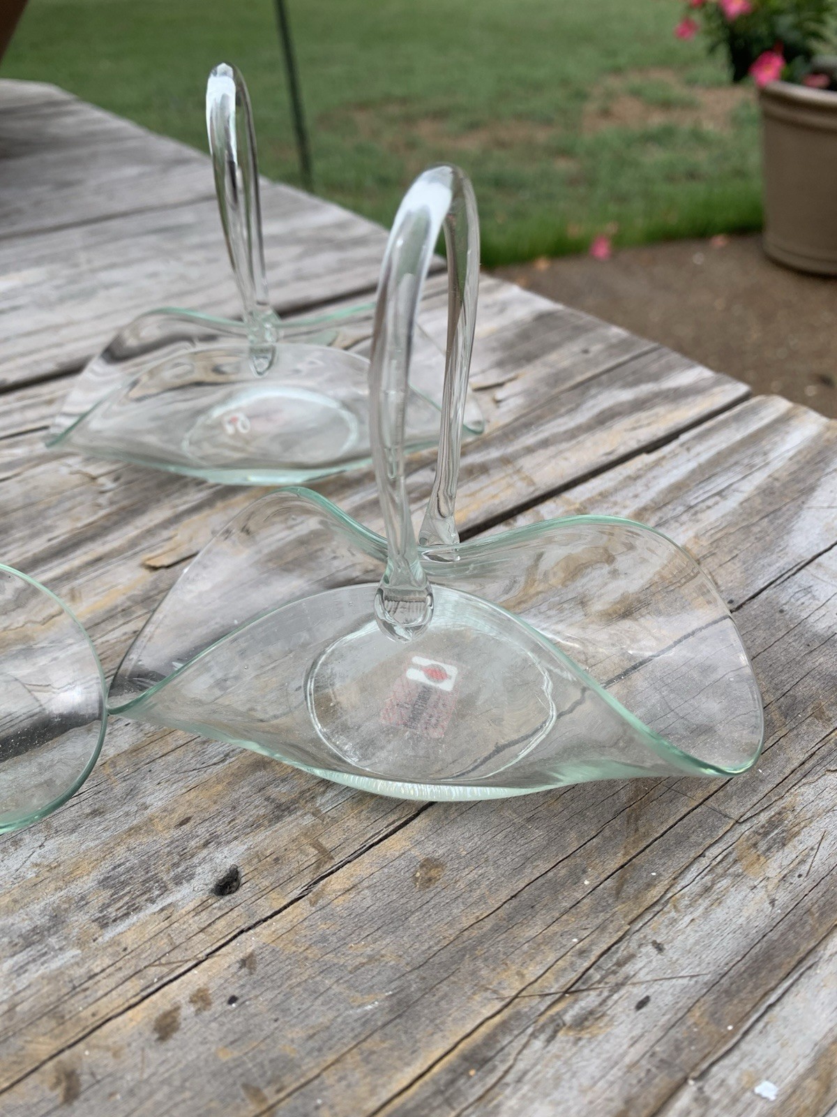 Vtg Art Glass Clear Green Recycled Basket Pinched Style La Mediterranean Spain