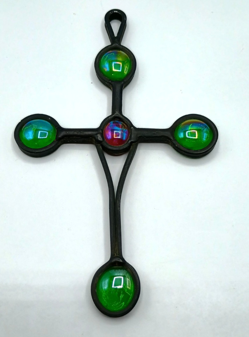 Vintage Stained Glass Metal Cross Suncatcher Art Glass Cabs Boho Wall Art