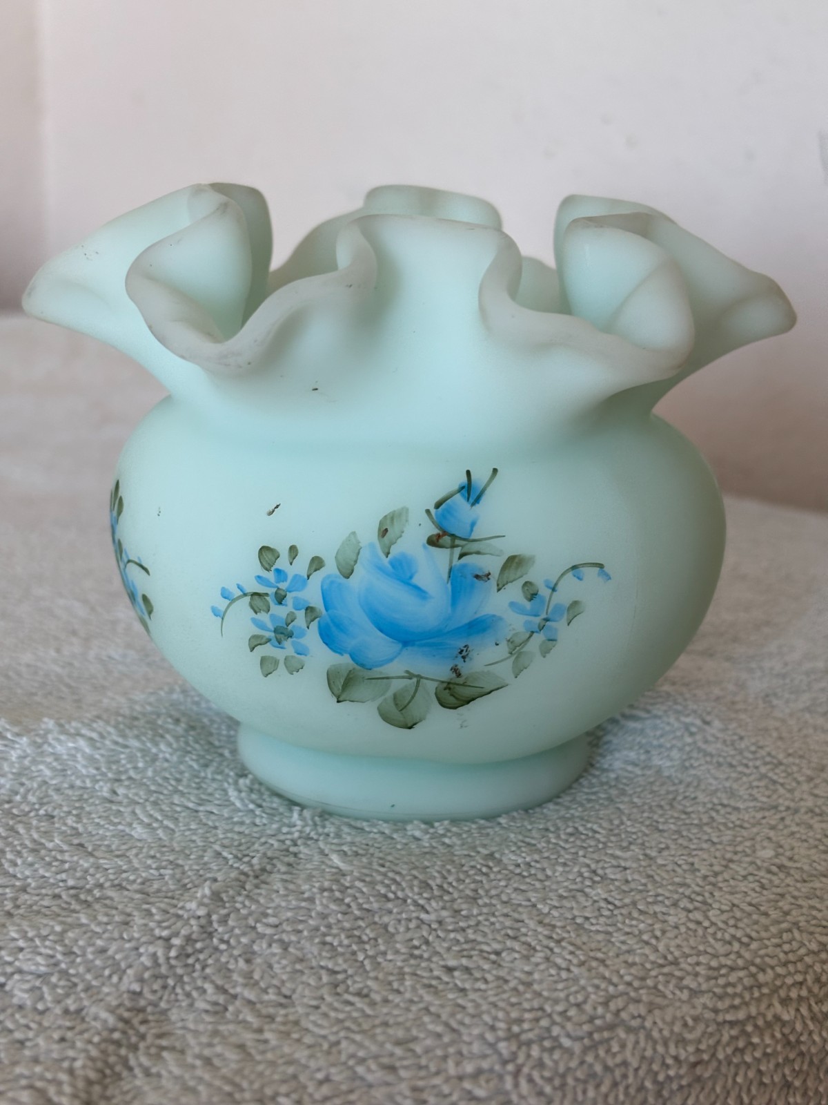 Fenton Blue Rose Satin Art Glass Vase Bowl Ruffle Hand Painted Signed