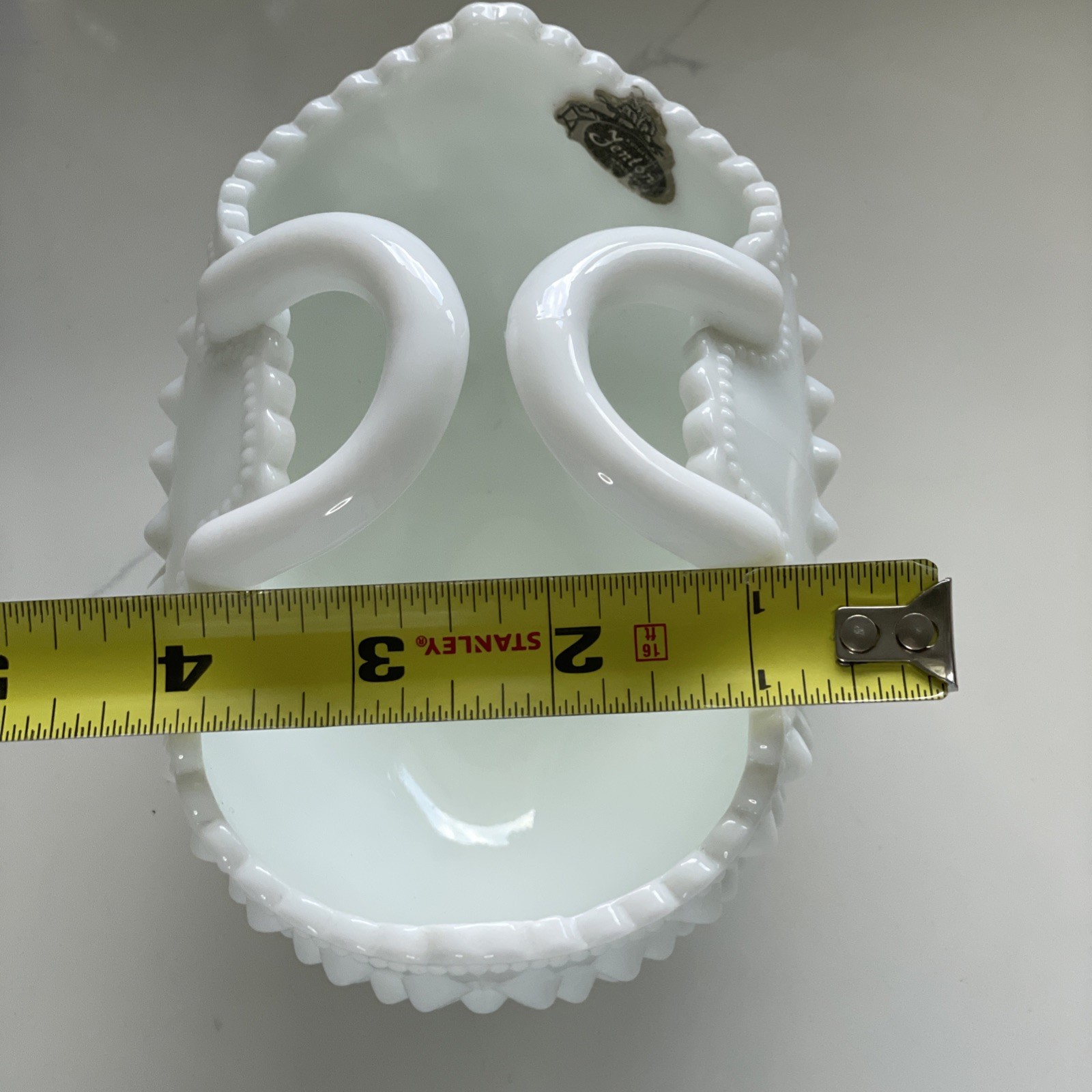 VTG Fenton Hobnail Milk Glass Curved Bowl Basket Double Handle Oval Orig Sticker