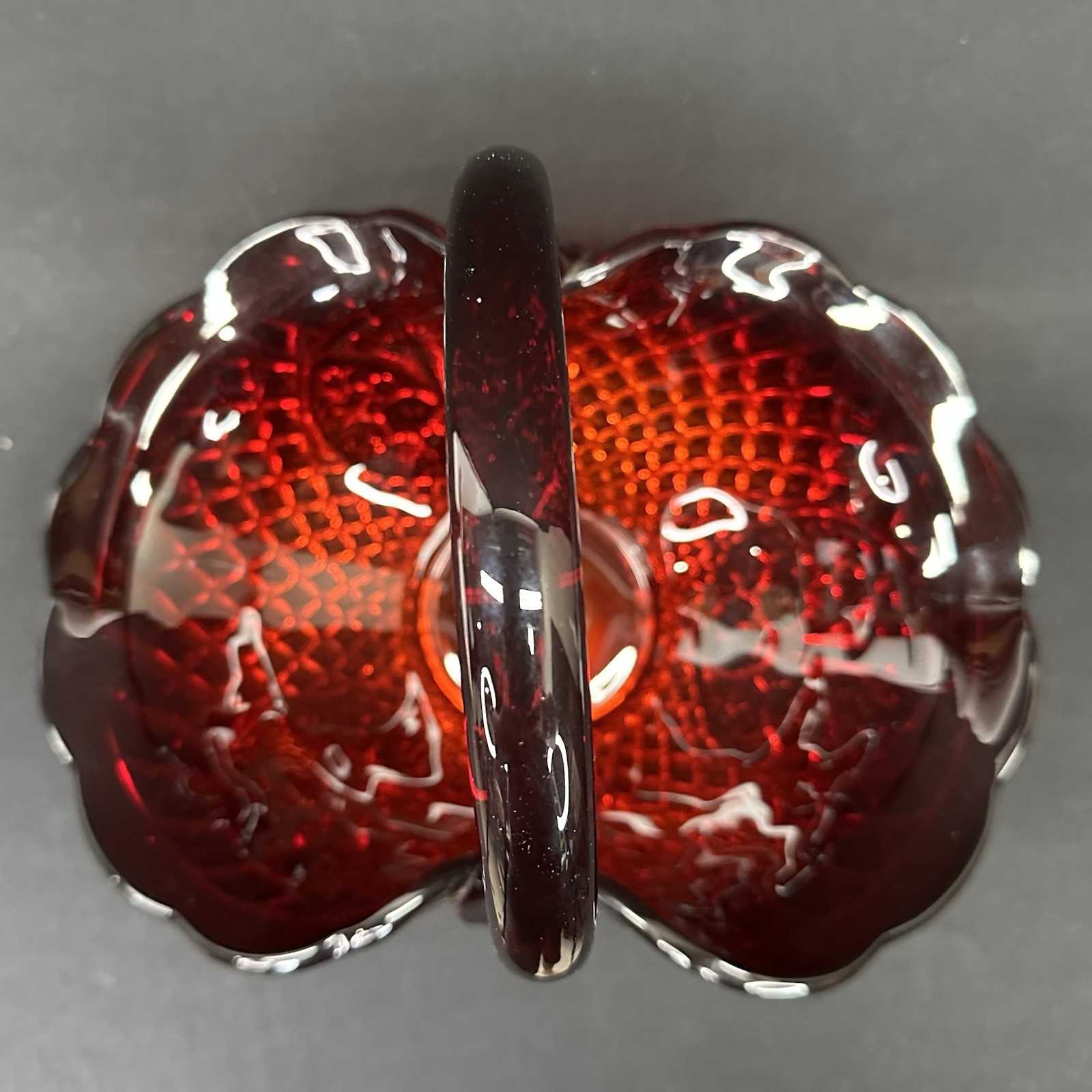 Indiana Glass Canterbury Sunset Amberina Basket, Vintage Mid 20th Century