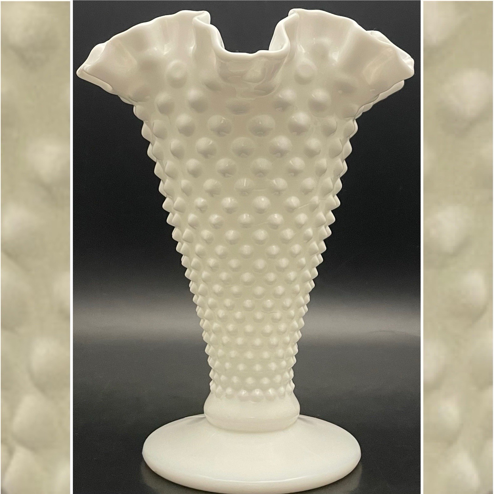 Fenton White Milk Glass Ruffled Crimped Hobnail Trumpet Vase c1970s USA 7.75″t