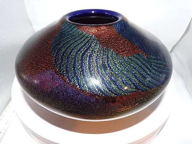 Dan Bergsma Art Glass Vase Hand Blown Dichroic Metallic Iridescent 4.5″ Tall
