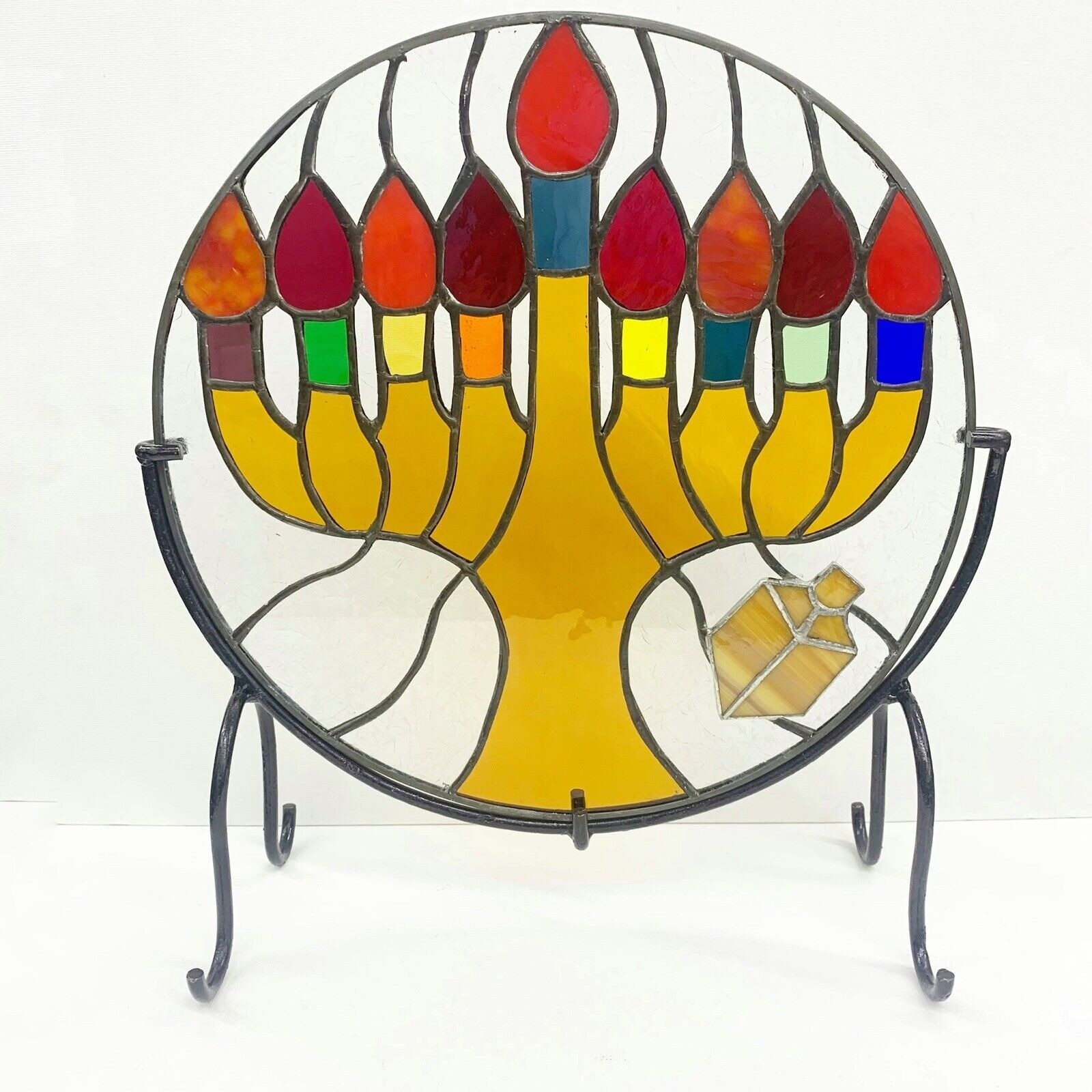Stained Glass Window Panel Menorah Stand Round Dreidel Judaica Jewish Hanukkah