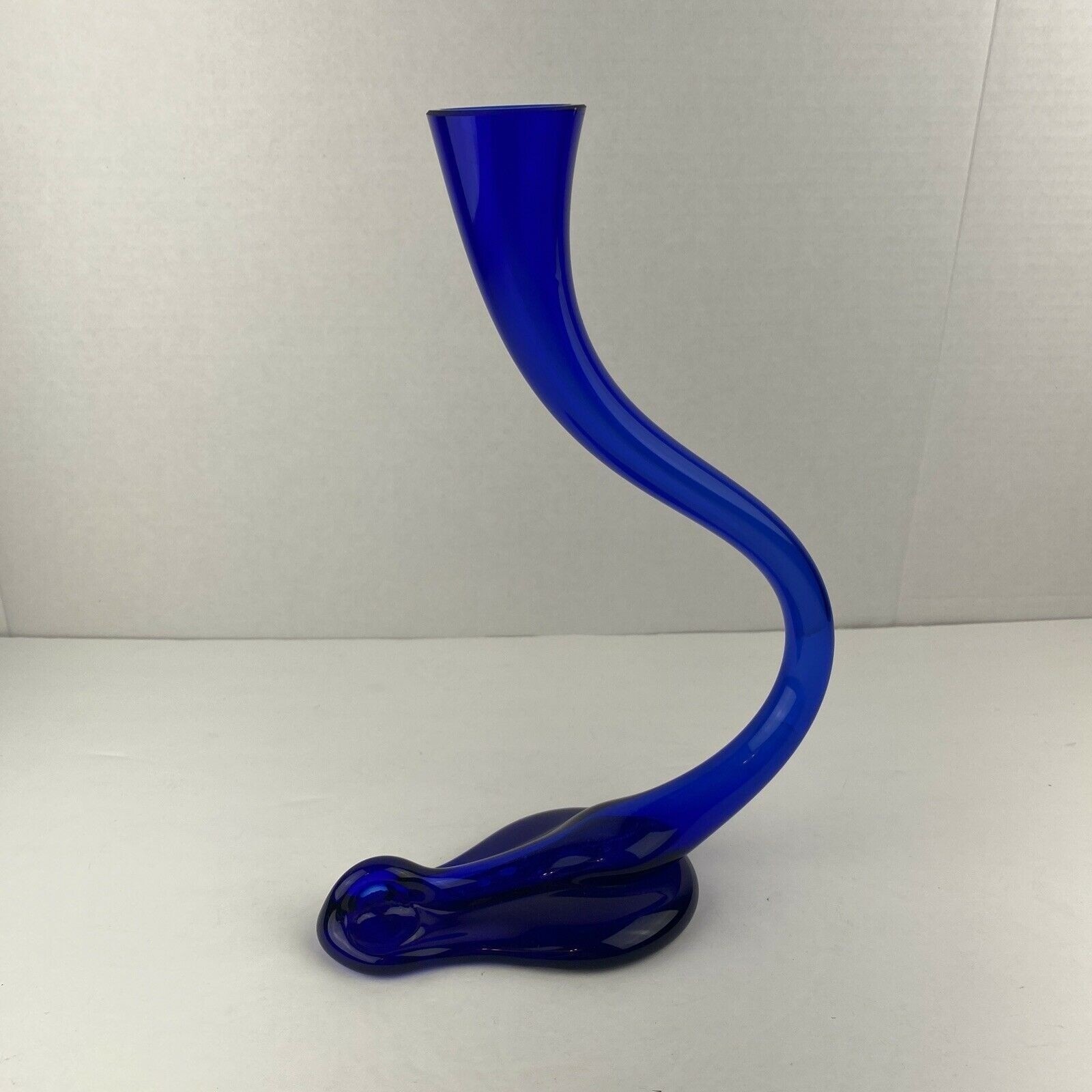 Vintage Handblown Cobalt Blue Glass Bud Vase Curved Cobra Snake Felina?