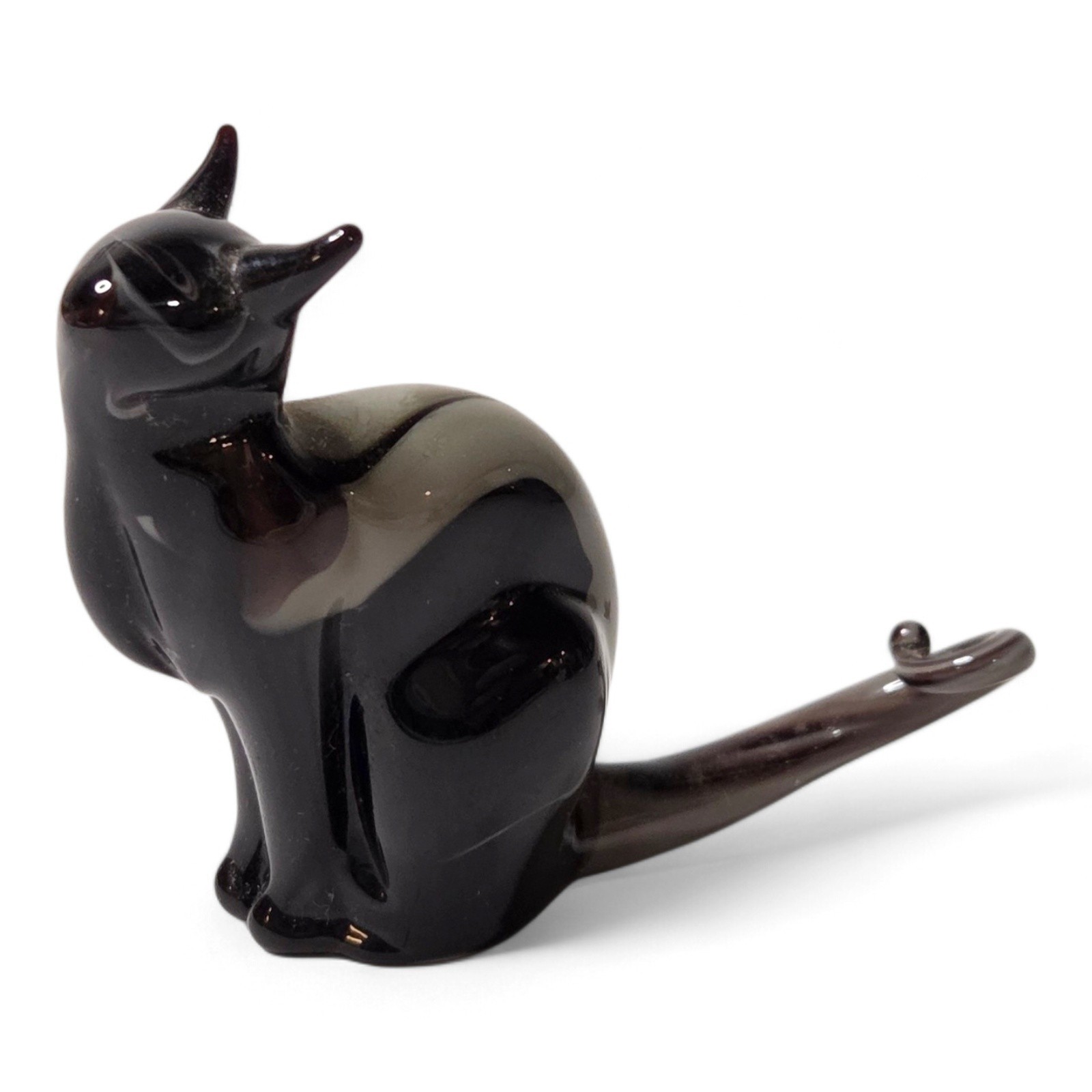 Vintage Murano Glass Cat Figurine Signed Black Smoky Italian Art Glass Sculpture