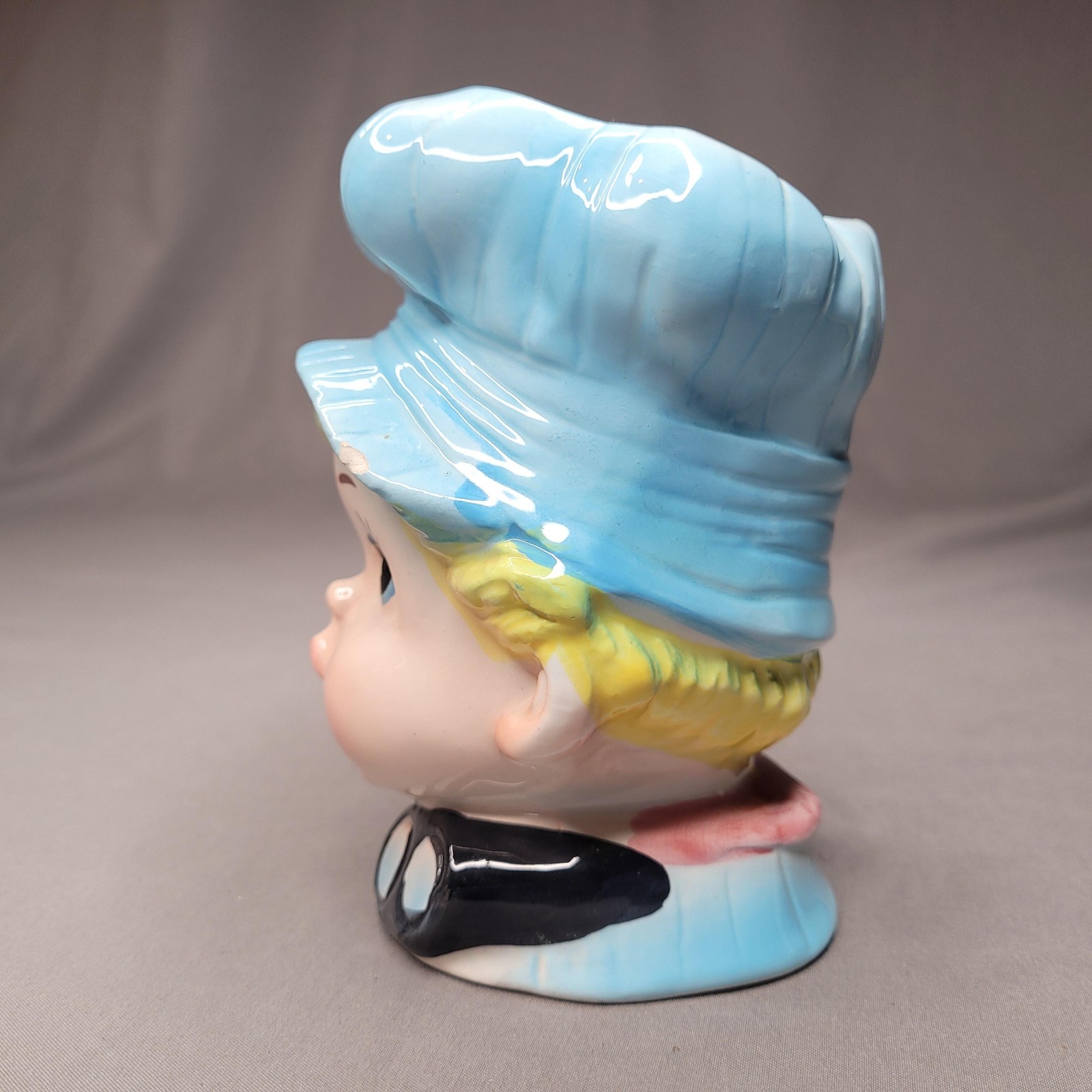Vintage E.O. Brody Boy Head Vase Planter Blue Hat Train Engineer Japan Ceramic