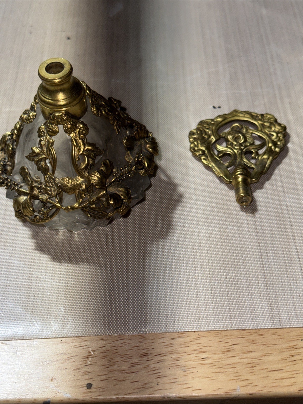 Old Glass Art Nouveau Perfume Bottle Gilt Brass Rose Pierced Stopper Filigree