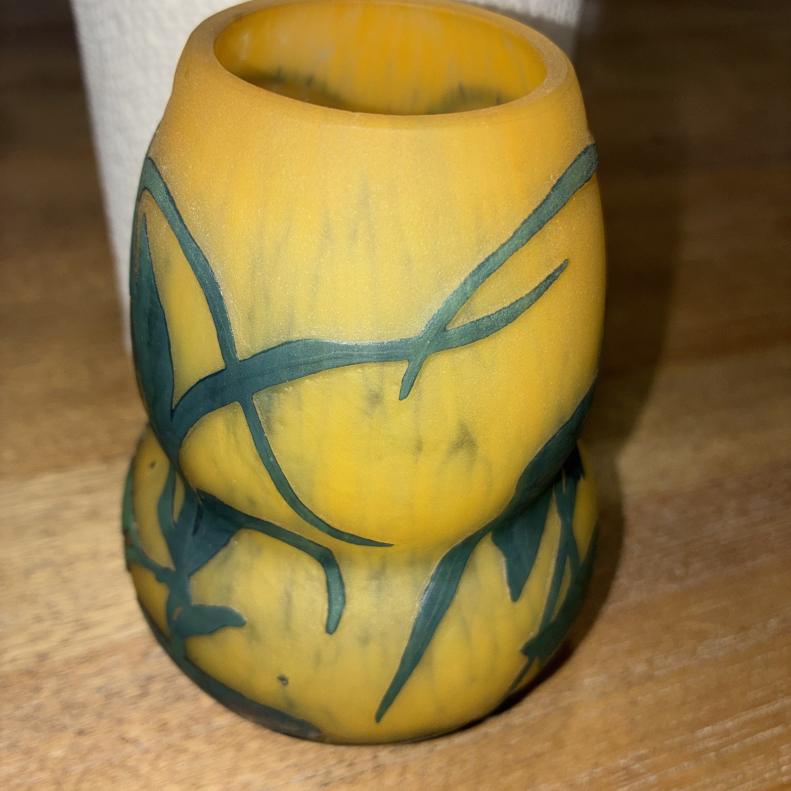 “Signed Gallé Style Cameo Glass Vase Yellow Green Floral Art Glass”