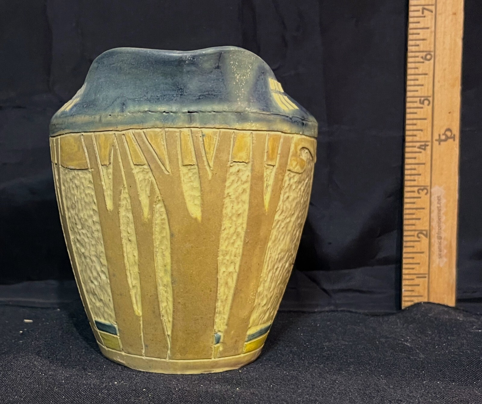 JERVIS POTTERY c.1908 OYSTER BAY, NY PITCHER EXCISED & CARVED STYLIZED TREES 6×5