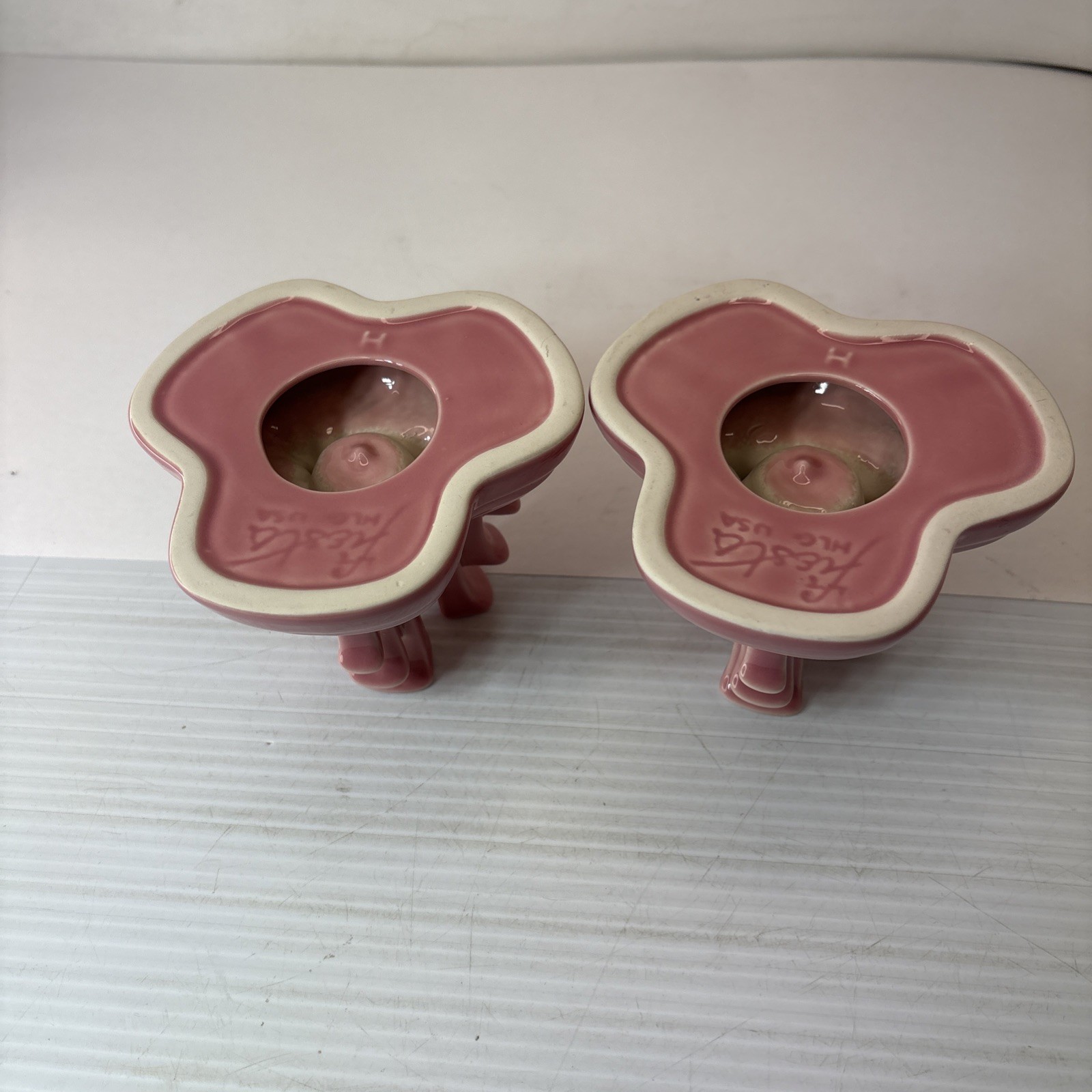 Fiesta Ware, Rose Pink Art Deco Pyramid Style Vintage Candle Holder Pair (2)