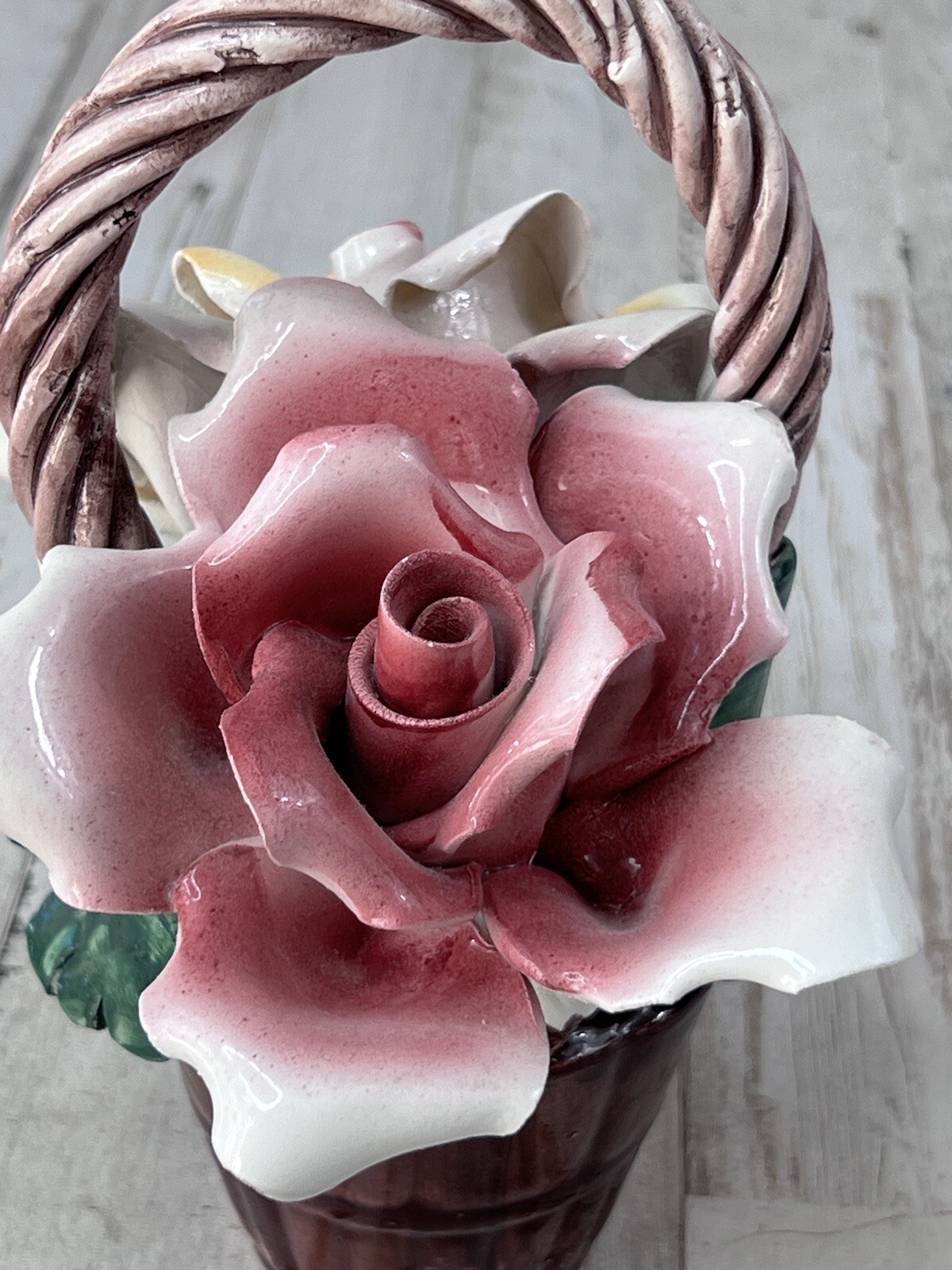 Vintage Capodimonte Flowers In Basket Pale Pink and Yellow