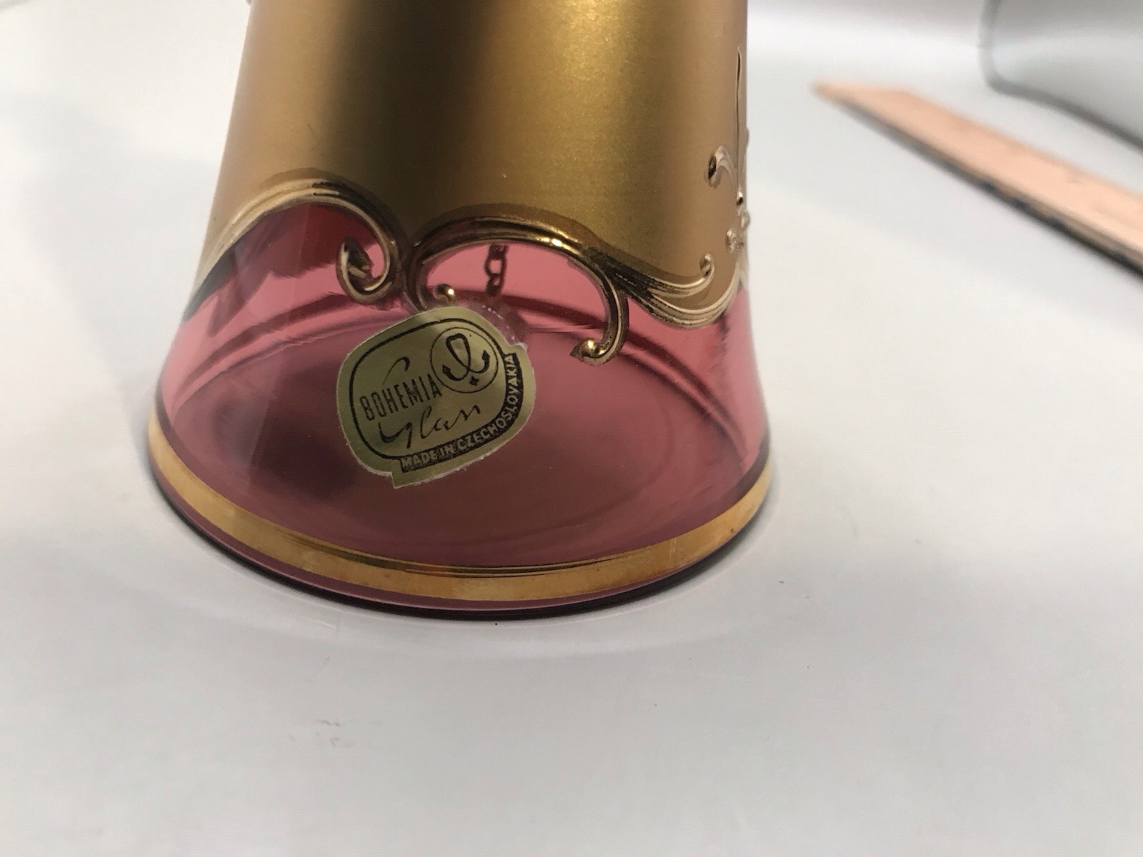Bohemia Glan Made In Czechoslovakia Cranberry Bell With Gold And White Flower