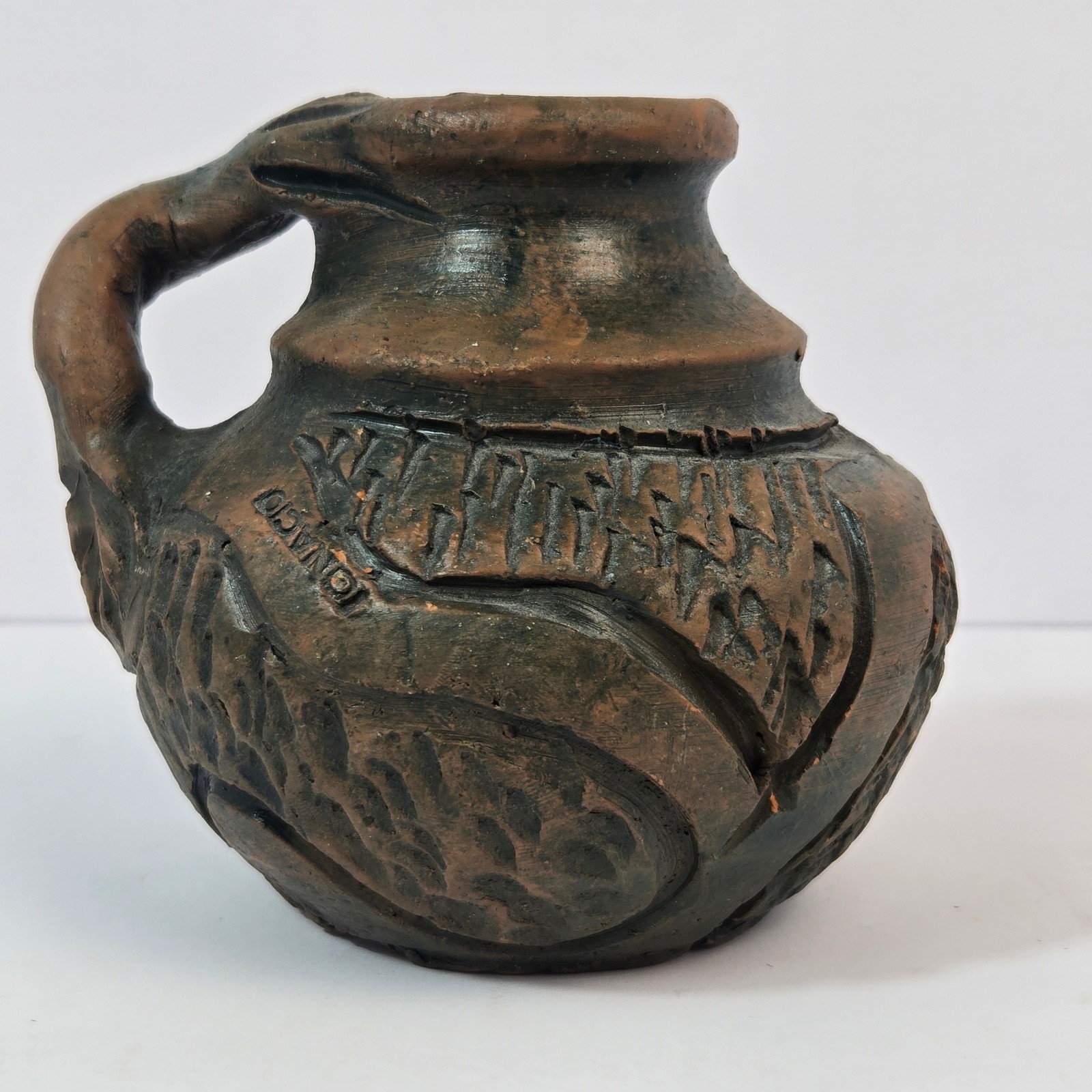Ignacio Studio Pottery Hand Carved Rustic Brown Clay Jug Bird Handle 5.5in