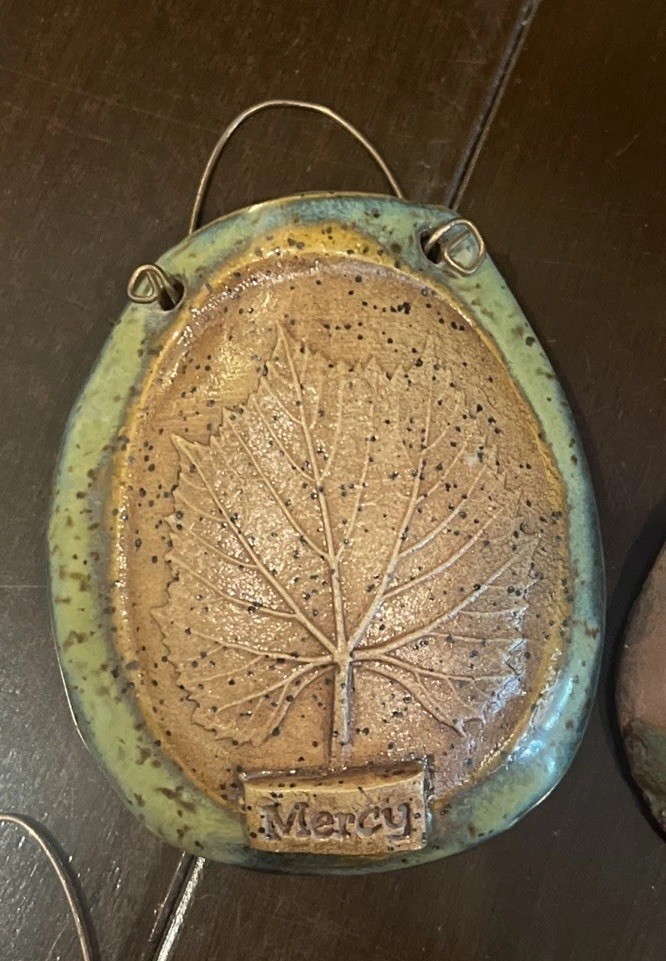 Nature Inspired Art Pottery Wall Pocket, Embossed Leaves Free Mercy Dream