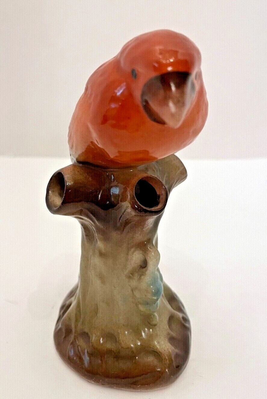 Vintage Red Glazed Tropical Bird In Tree Vase Flower Frog Made In Czechoslovakia