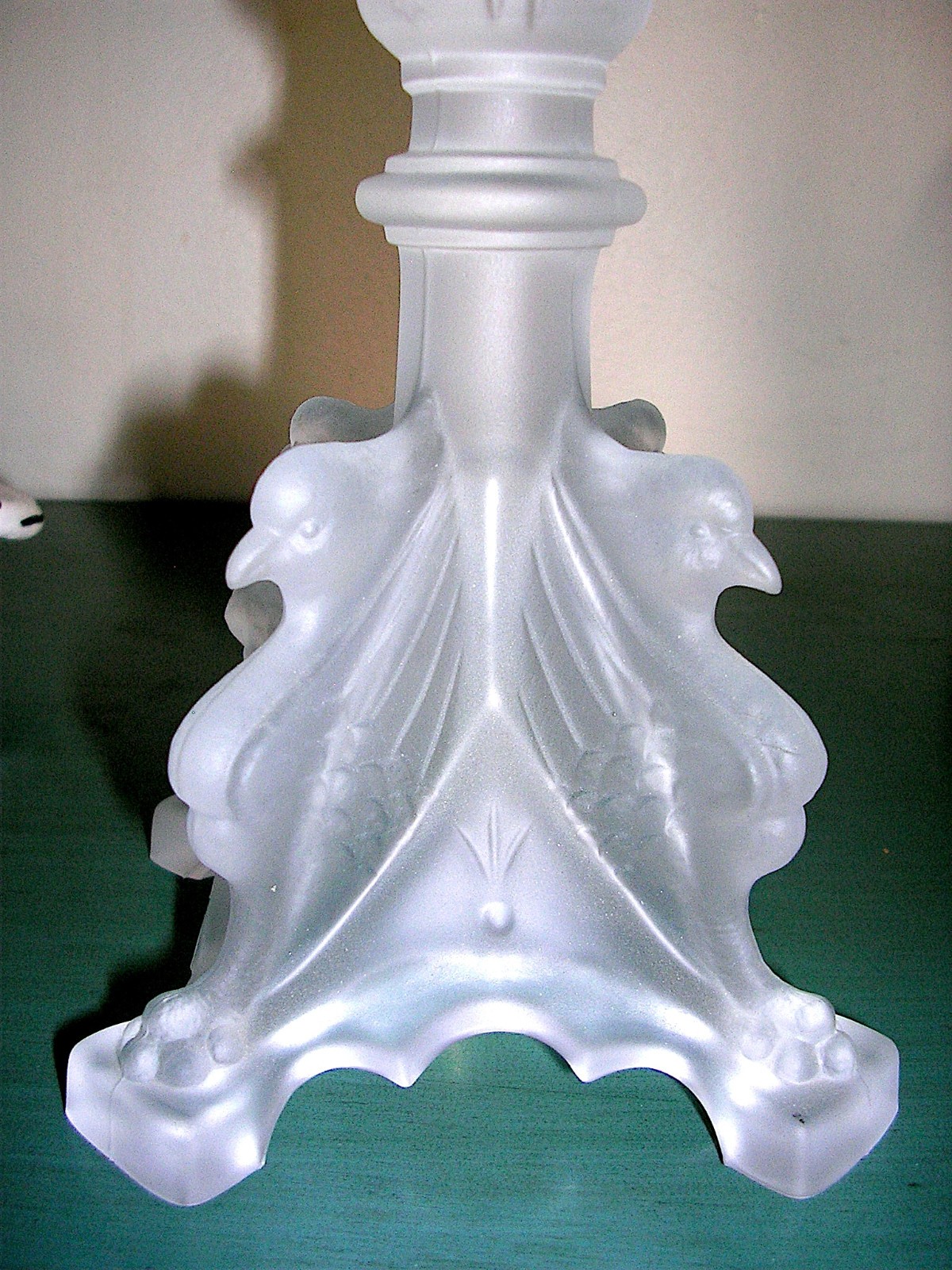 Val St Lambert Frosted Crystal Candlestick Holder 1 Griffin Bird Heads Signed