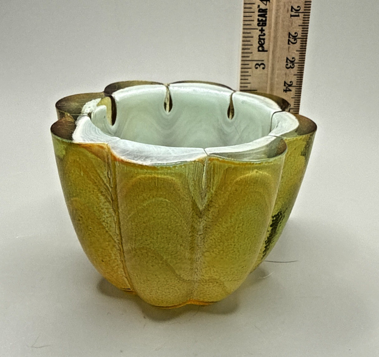 Heavy Glass Candle Votive Light Blue Amber Swirl Scalloped 87F-1750W