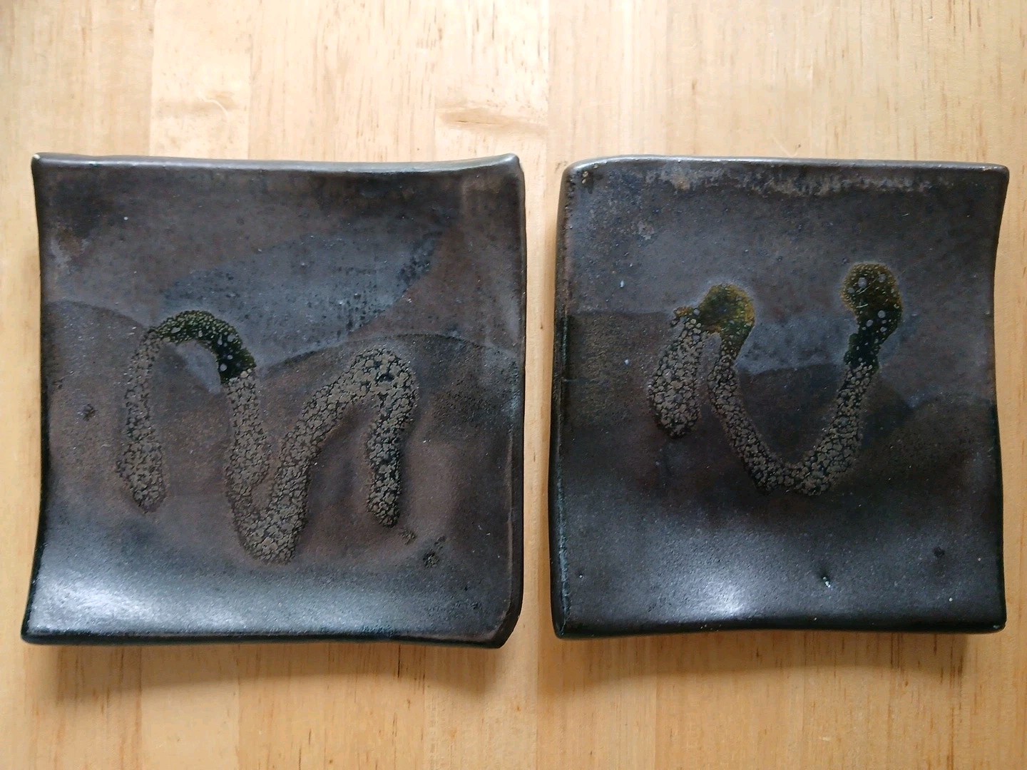 2 Toshiko Takaezu Signed Square Tile Plates 4.5 in. Abstract Glaze Listed Artist