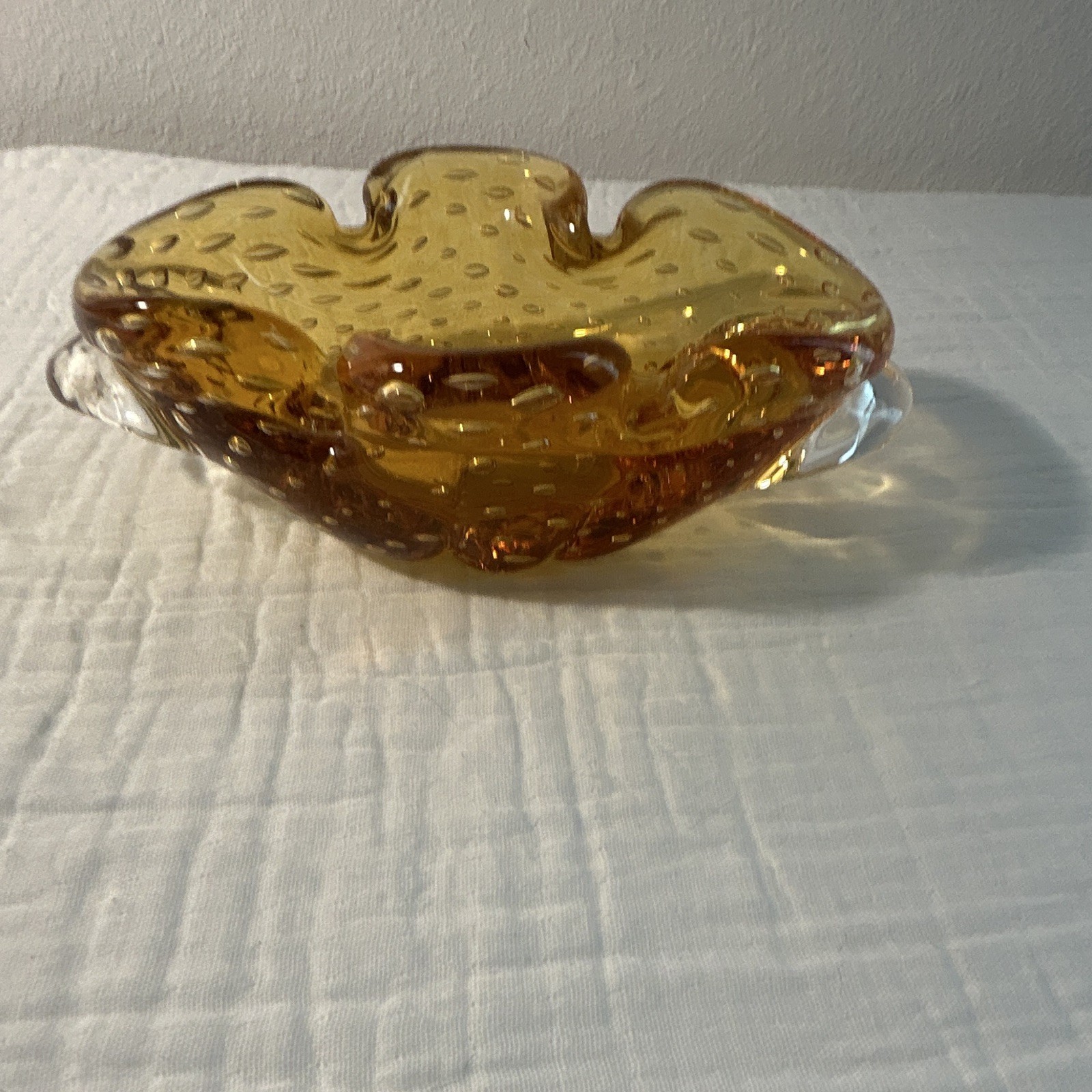 Vintage Murano Bullicante Controlled Bubble Art Glass Amber And Clear Ashtray