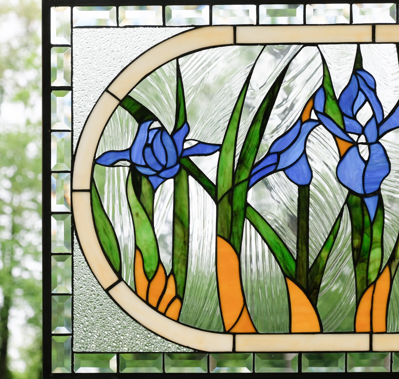34.25″L x 20″H Handcrafted stained glass window panel Iris Flowers