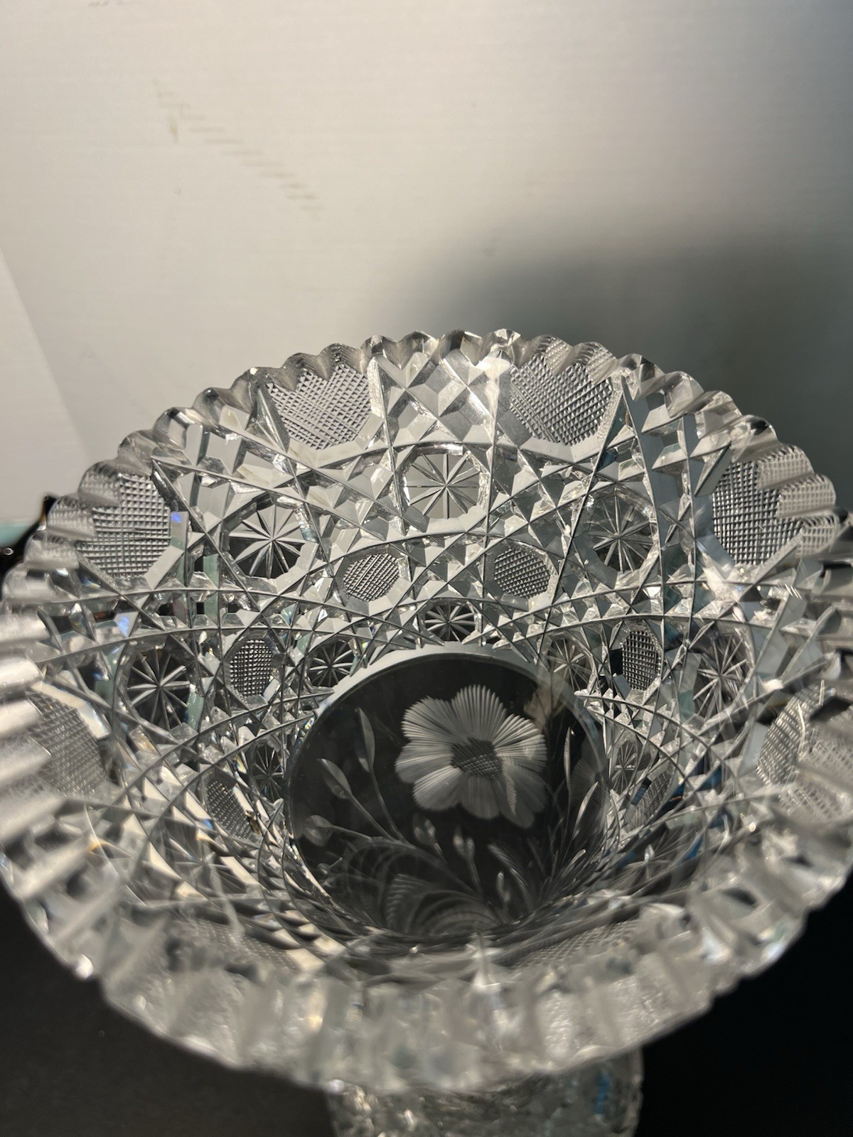 American Brilliant Period 1900s Cut Glass Corset Vase Floral Engraving, 6.5×16”