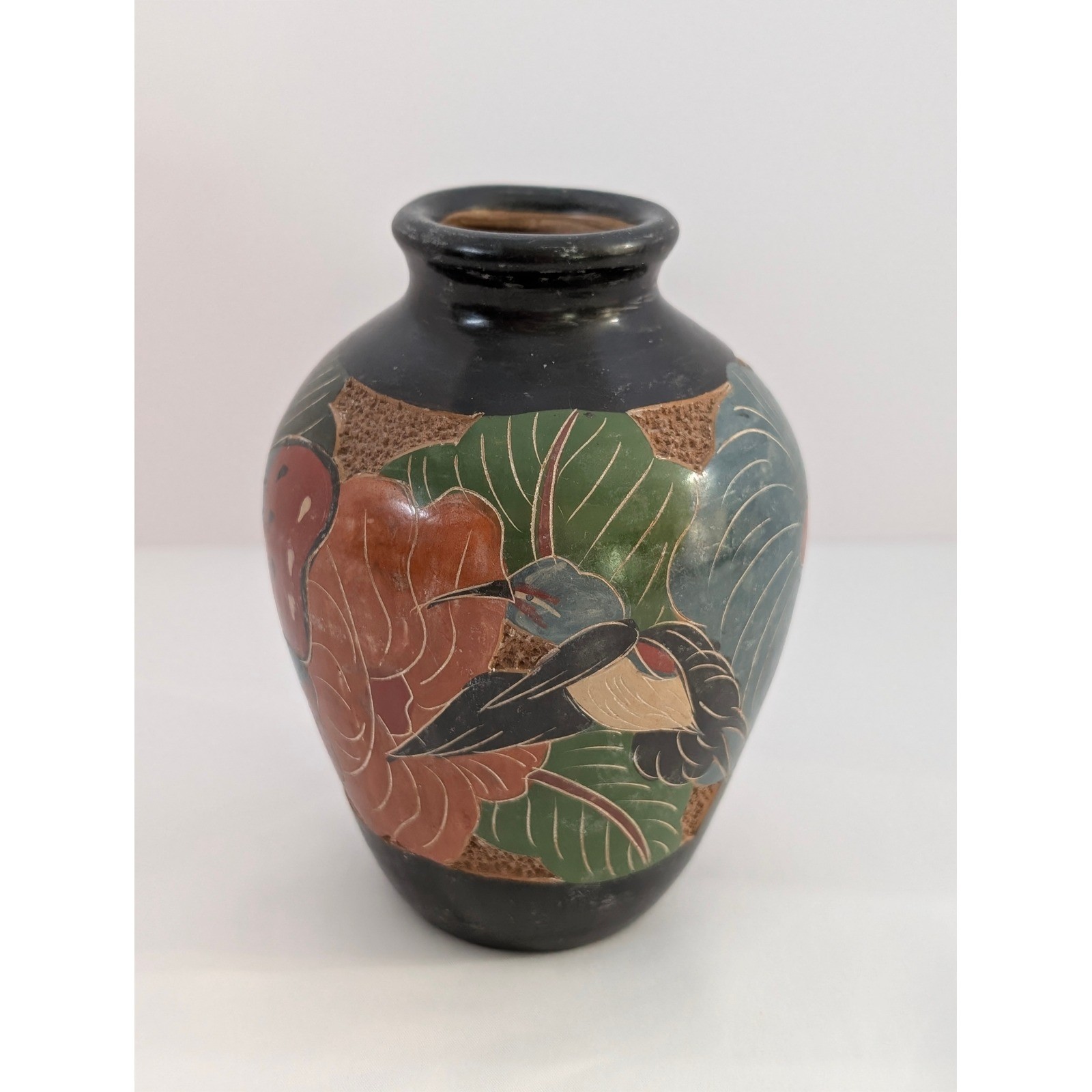 Vintage Folk Art Pottery Vase Bird Butterfly Flowers Black Clay Sgraffito