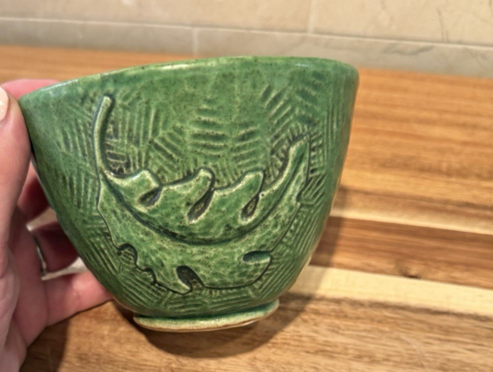 Hand Thrown Small Pottery Vase Green with 3-D Leaf Decor/Flowers