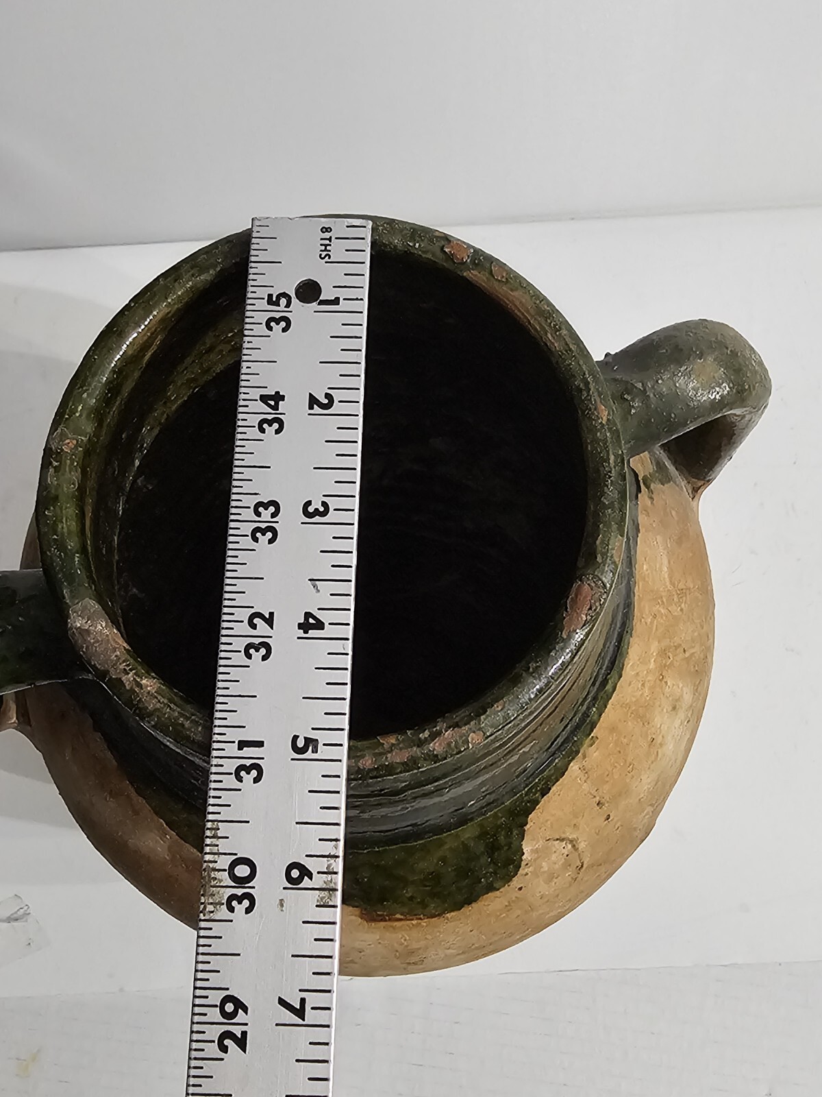 VINTAGE TURKISH TERRACOTTA VASE CLAY POTTERY TWO HANDLES GREEN GLAZE TOP