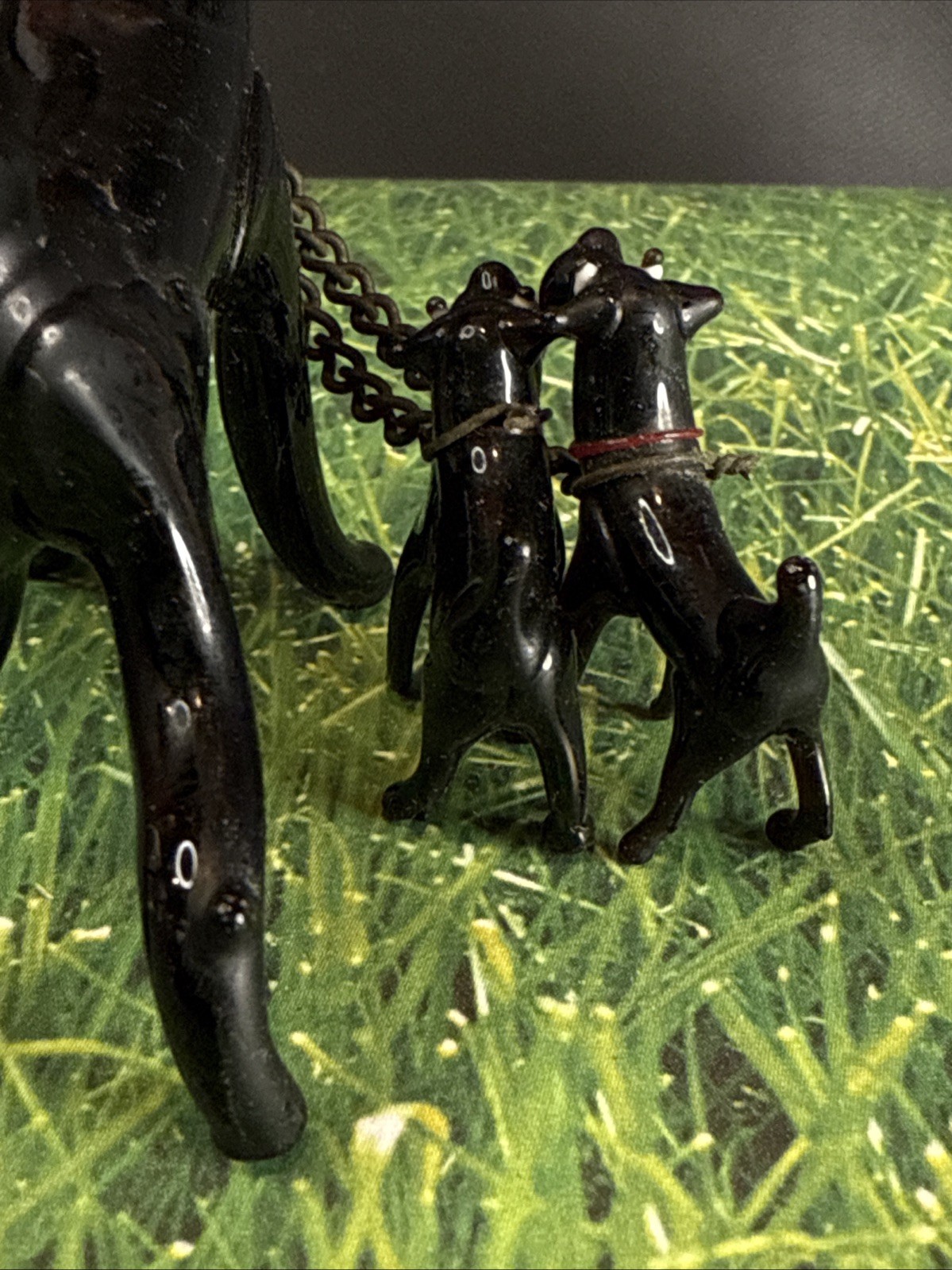 Occupied Japan HandBlown Glass Black Dog Family Of 3 Chains Puppies