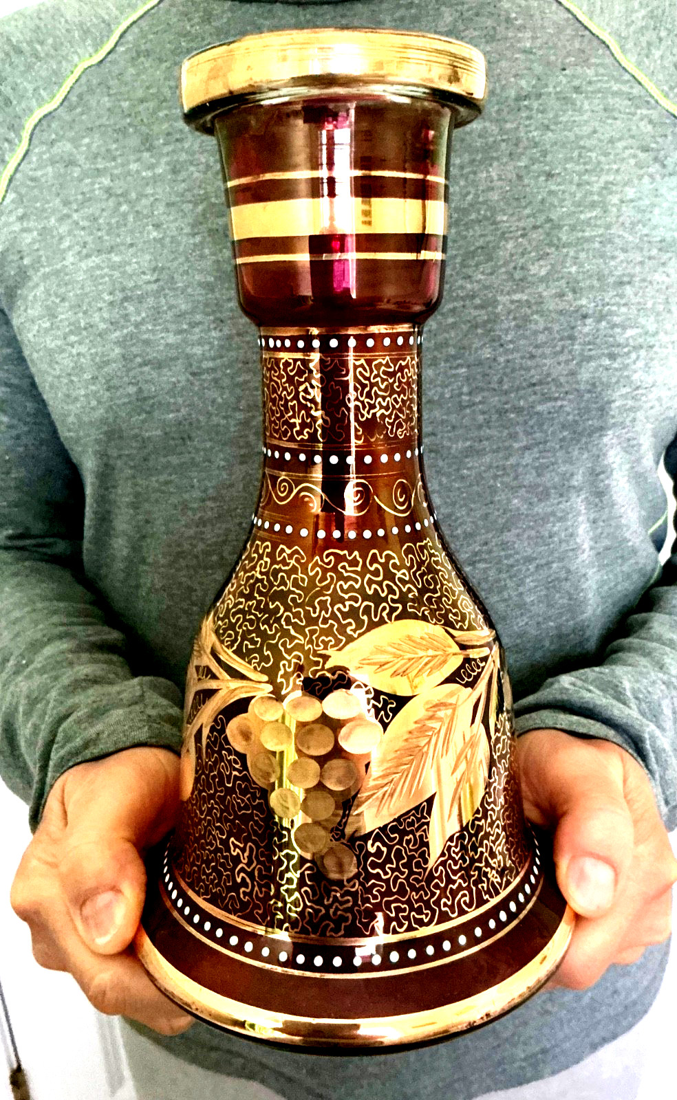 Bohemia Cut to Clear Glass 10 1/2” Gold Encrusted Gilt Persian Vase Decanter.