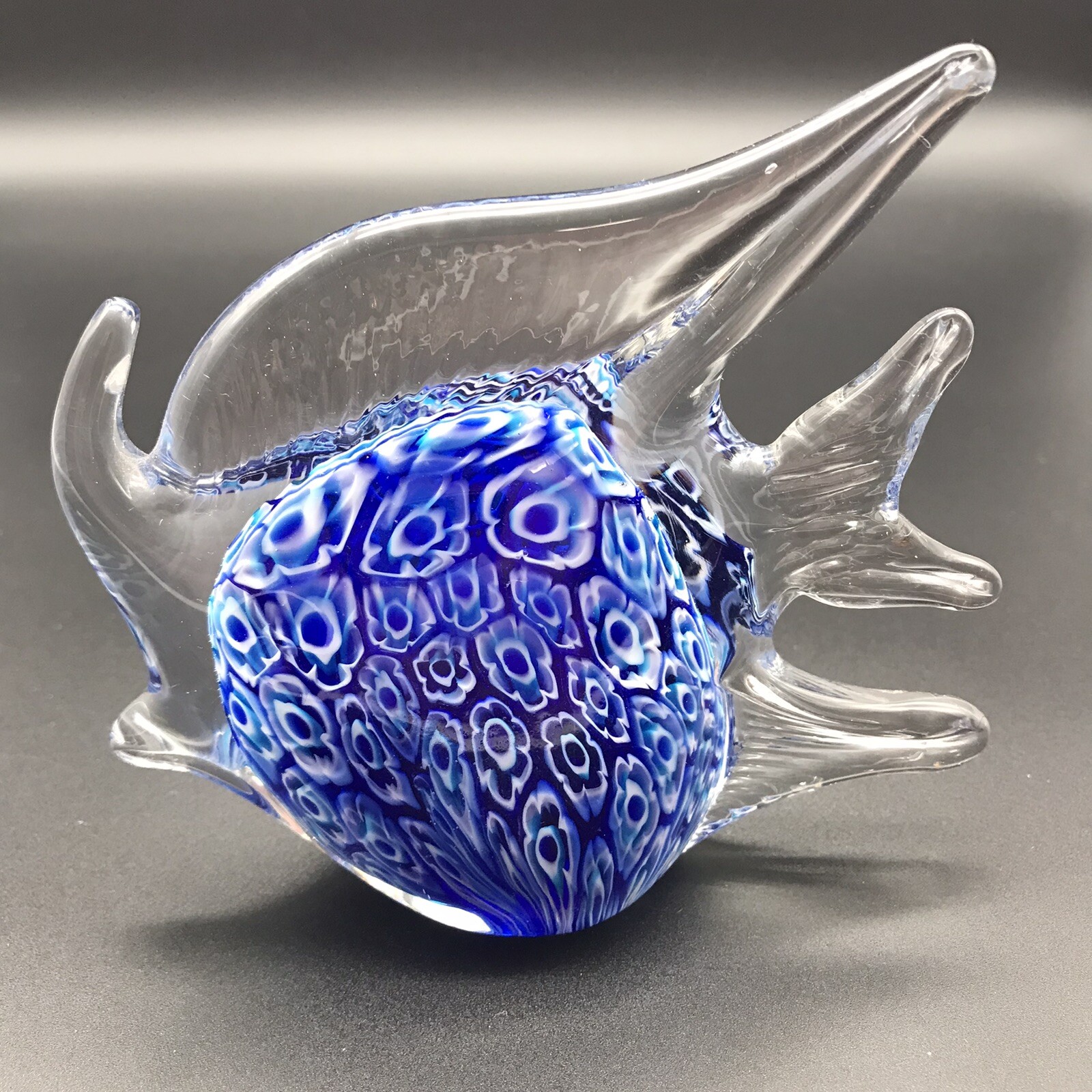 Art Glass Angel Fish Figurine Paperweight Cobalt Blue White Clear Floral Flower