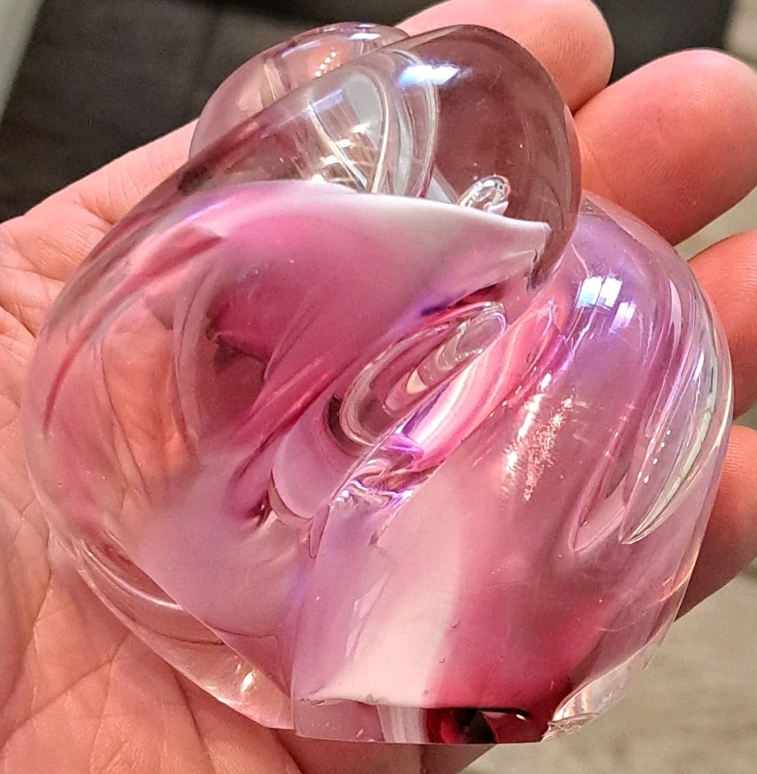 Pink Purple Clear Art Glass Paperweight Nautilus Shell Swirl 3 1/4” Signed