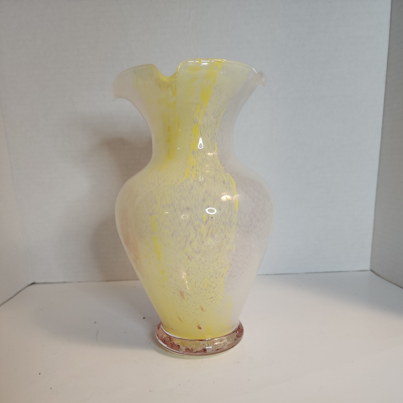Crystal Clear Italian Glass Vase Pink, Yellow, White Swirl Hand Blown Ruffle Top