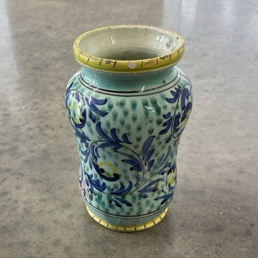Hand Painted Italian Art Pottery Ceramic Vase Floral Green Blue Yellow 5 in