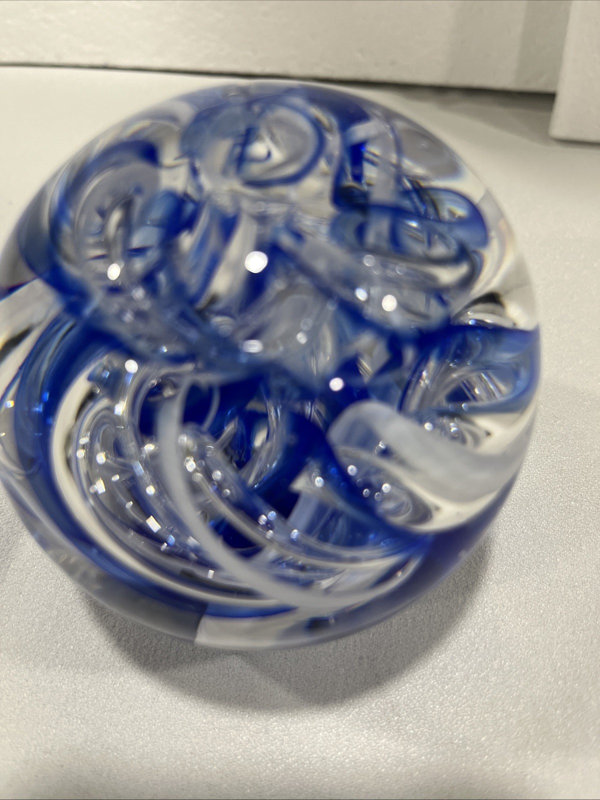 Glass Paperweight- Blue-White-Clear Swirls-Langham England Glass House