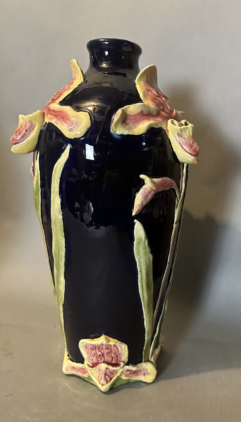 Antique Continental Majolica Floral Art Nouveau Cobalt Blue 13.5″ Pottery Vase