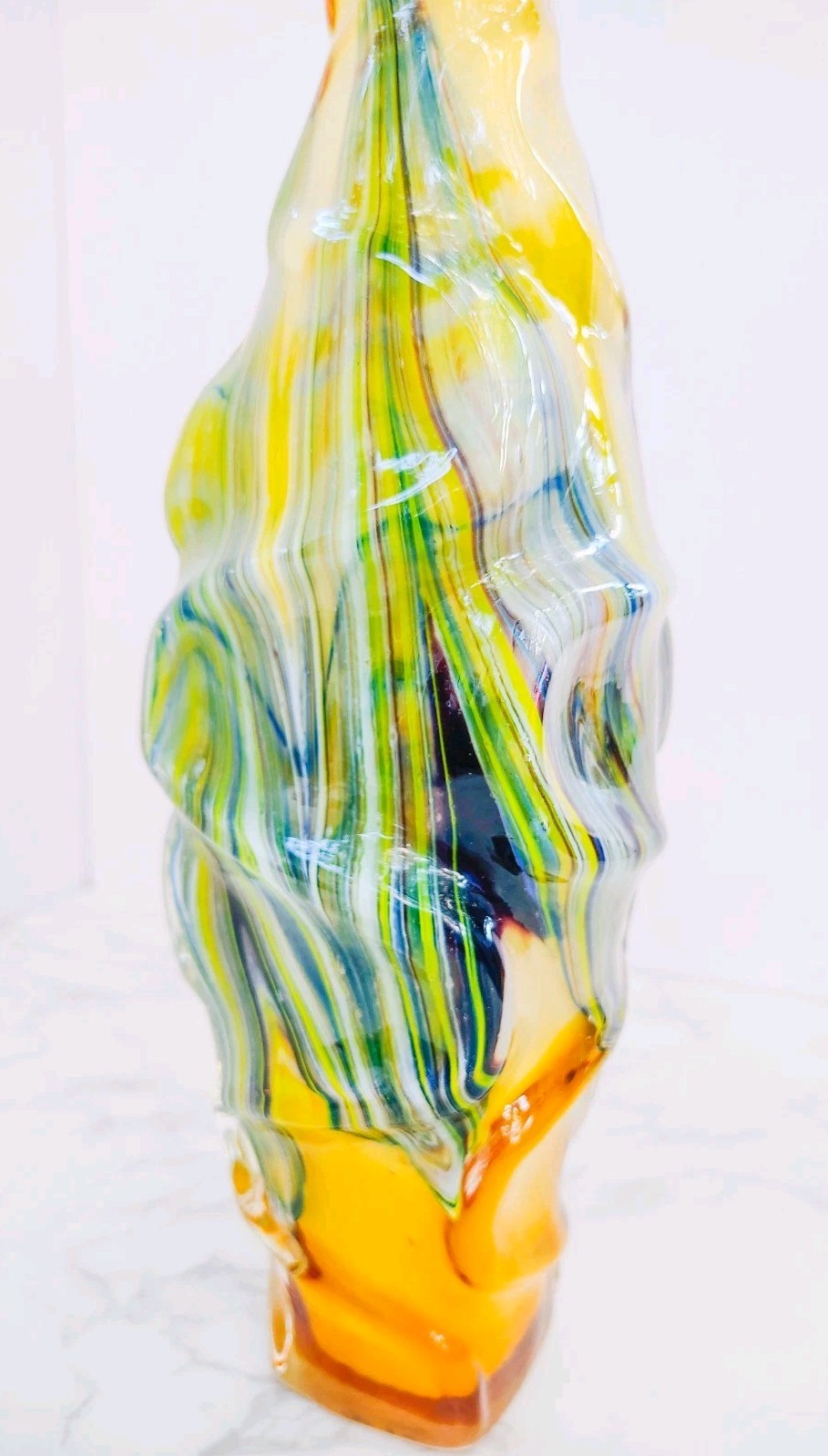 Murano Style Hand Blown Art Glass Vase Sculptural Yellow Free Form 15.5”