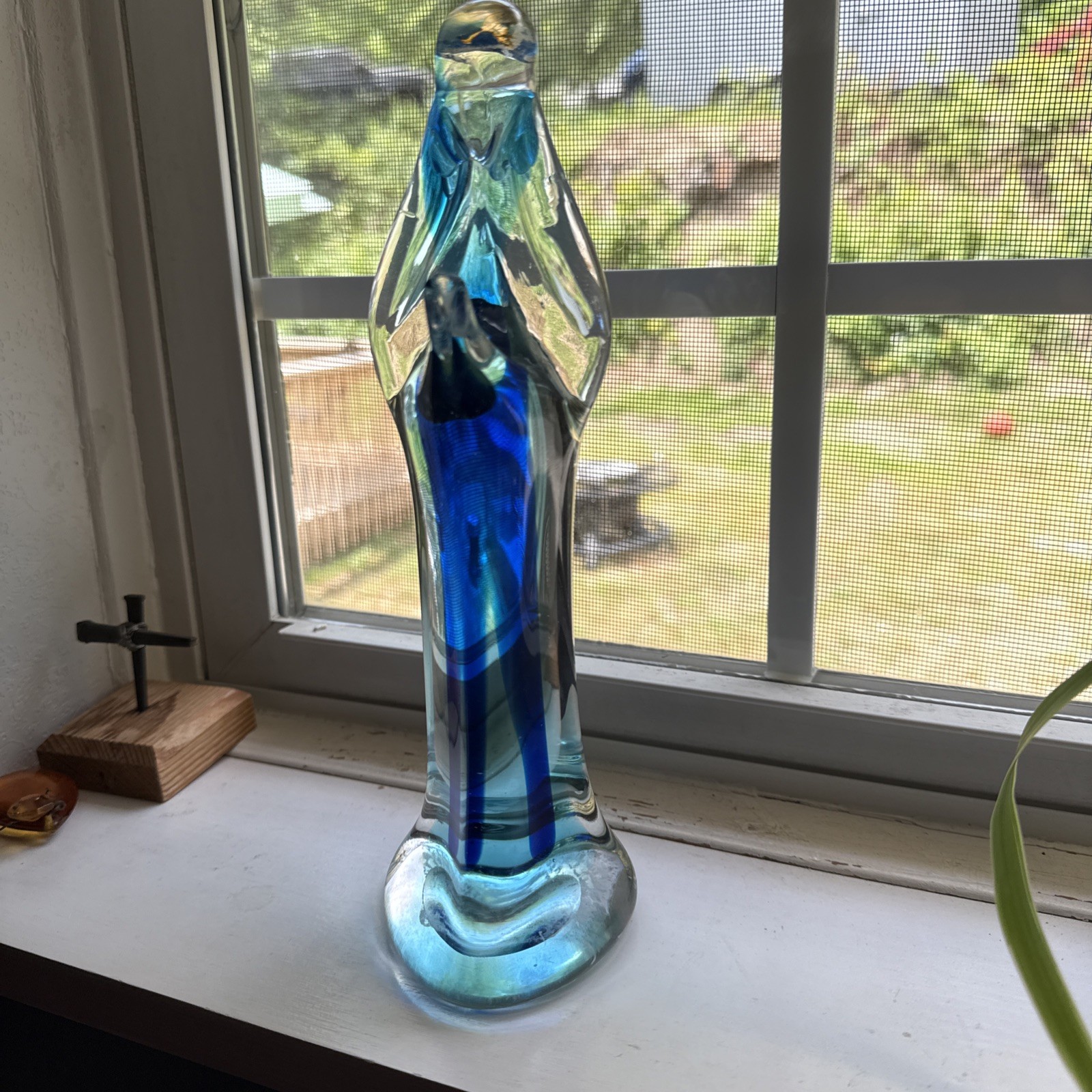 Murano Sommerso Glass Madonna Angel Clear & Blue w Aventurine Halo, 10 1/2 Inch